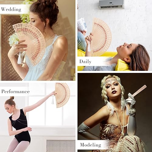 Miniatura 5 de Geelin 150 juegos de abanicos de sándalo con borlas, funda de organza y etiqueta de regalo de agradecimiento, ventilador de mano de estilo oriental,