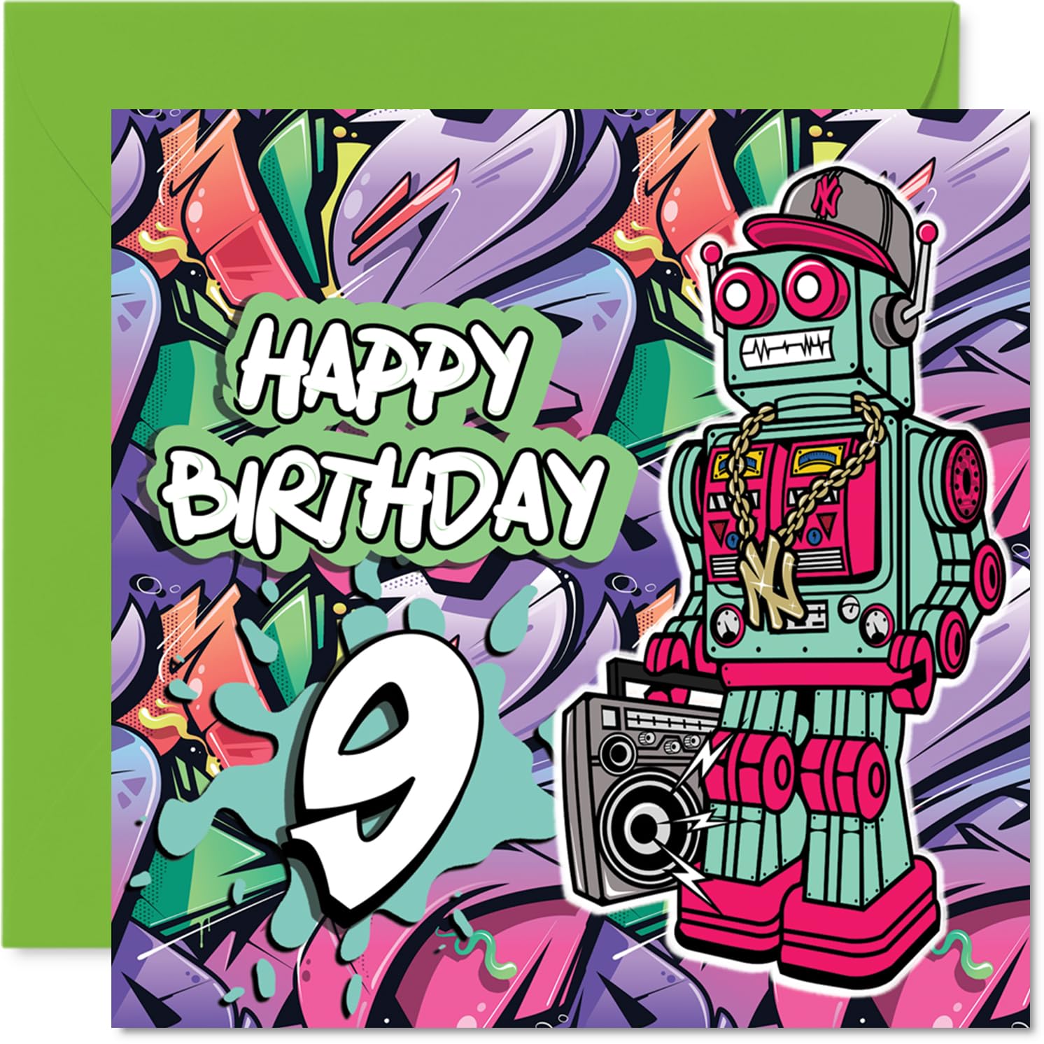 9th Birthday Cards for Boys - Wicked Graffiti Robot - Happy Birthday Card for 9 Year Old Boy Step Son Grandson Son Nephew, 145mm Bday Greeting Cards