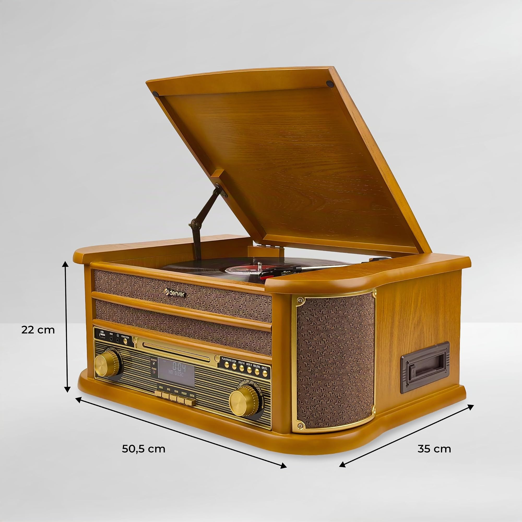 Denver MRD-51 Chaîne Musicale rétro avec Platine Vinyle, Dab+/FM, CD, Cassette, USB, AUX, Enregistrement MP3, Bois