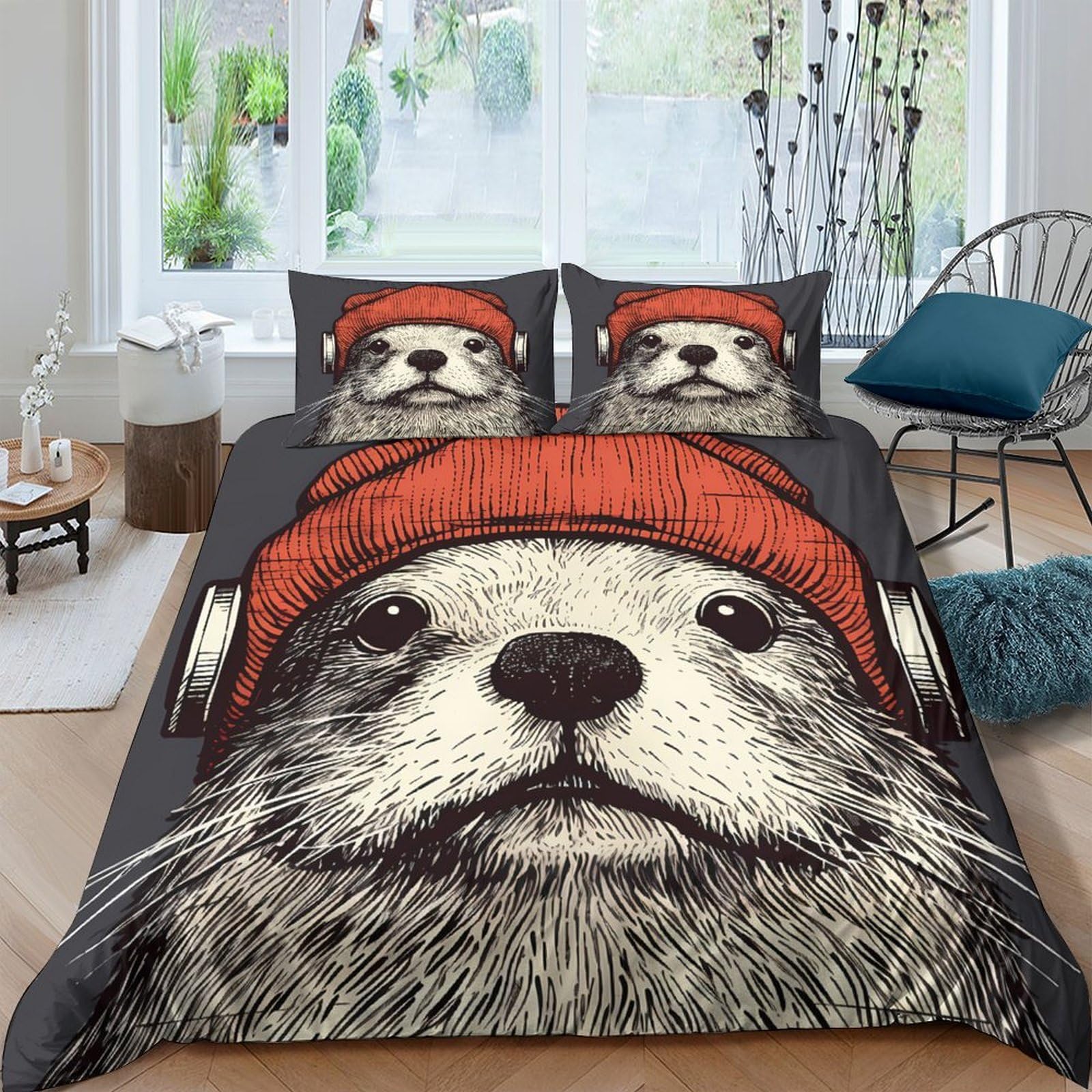 Ctjqhvkz Style-10 3D Printed Otter Headphone Fitted Sheet Microfiber Soft Anti-Slip Bed Cover For Bedroom, Guest Room, Dorm Decor Single（135X200cm）