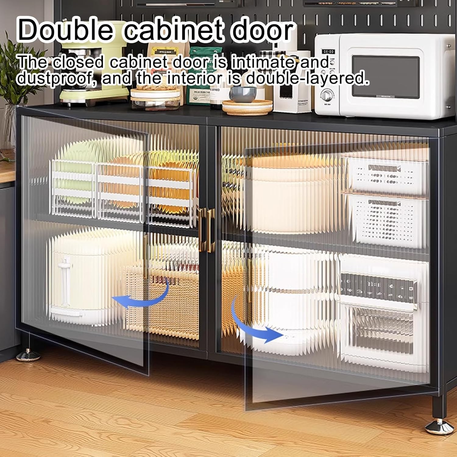 5-Tier Kitchen Storage Rack with Rolling Wheels - Black Bakers Rack, DIY Backplane, Dust-Proof Cabinet Doors, Versatile Kitchen Shelves for Home Organization