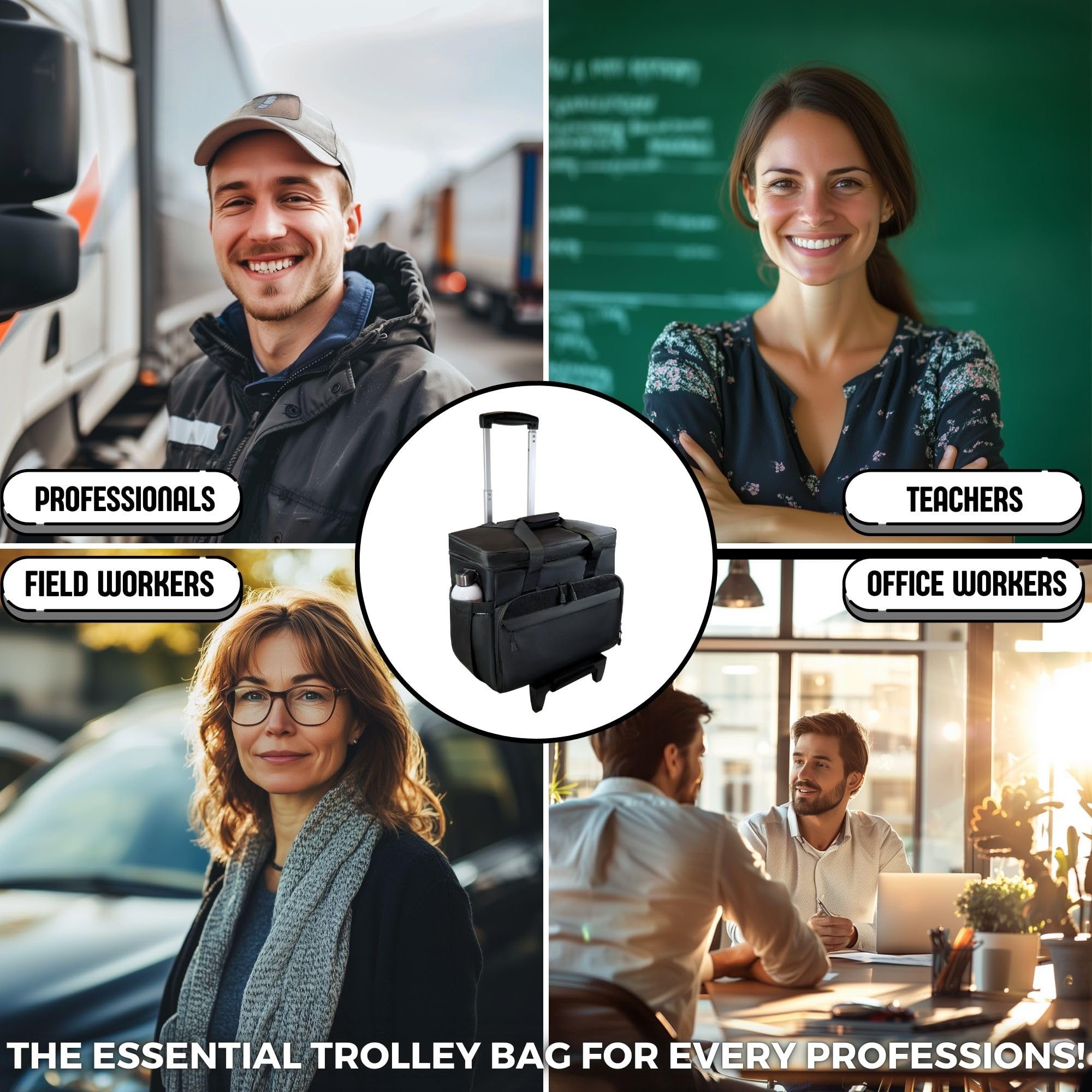 Rollende Lehrer-Tragetasche mit Rollen und Laptopfach, Lehrertasche mit Rollen für Lehrer, Abnehmbarer Trolley, Büro, Handwerk, Schwarz