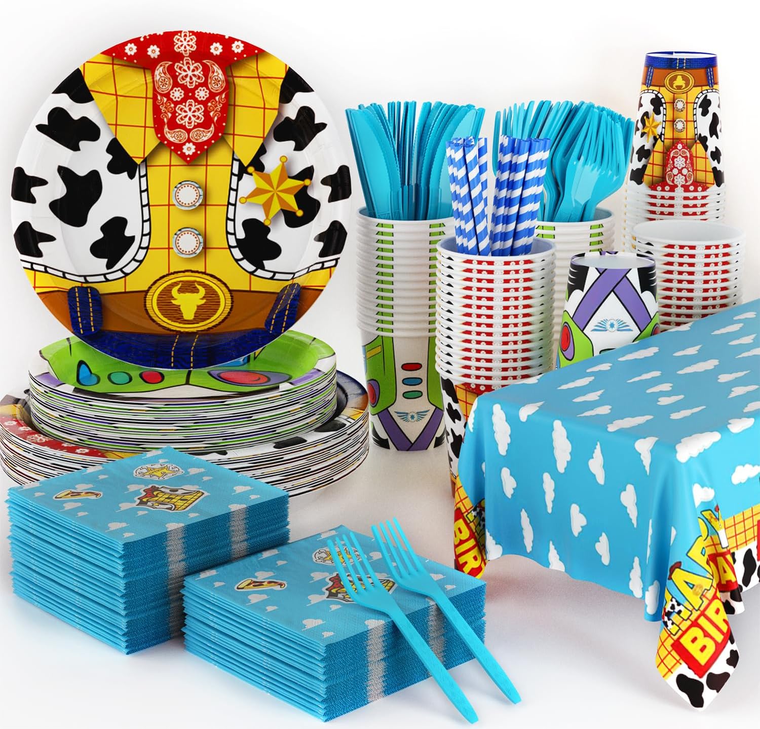 141Pcs Cartoon Story Birthday Party Decorations Cartoon Themed Party Supplies with Plates Napkins Cups Knives Forks Straw Tablecloth Set for 20 Guests