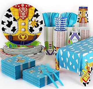 141Pcs Cartoon Story Birthday Party Decorations Cartoon Themed Party Supplies with Plates Napkins Cups Knives Forks Straw Tablecloth Set for 20 Guests