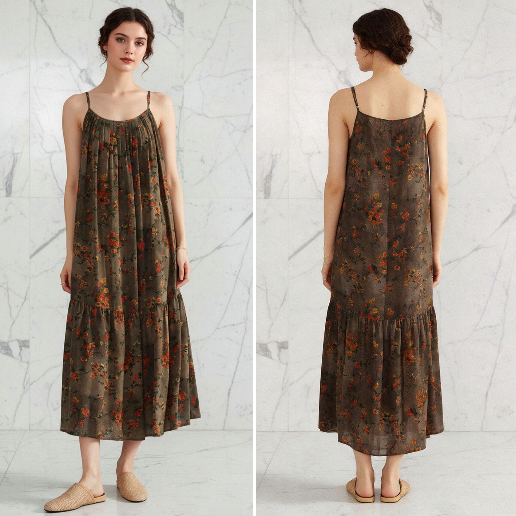 HangErFeng Jedwabny kwiatowy nadruk spaghetti sukienka damska letnia plisowana midi luźny elegancki styl wakacyjny 5088