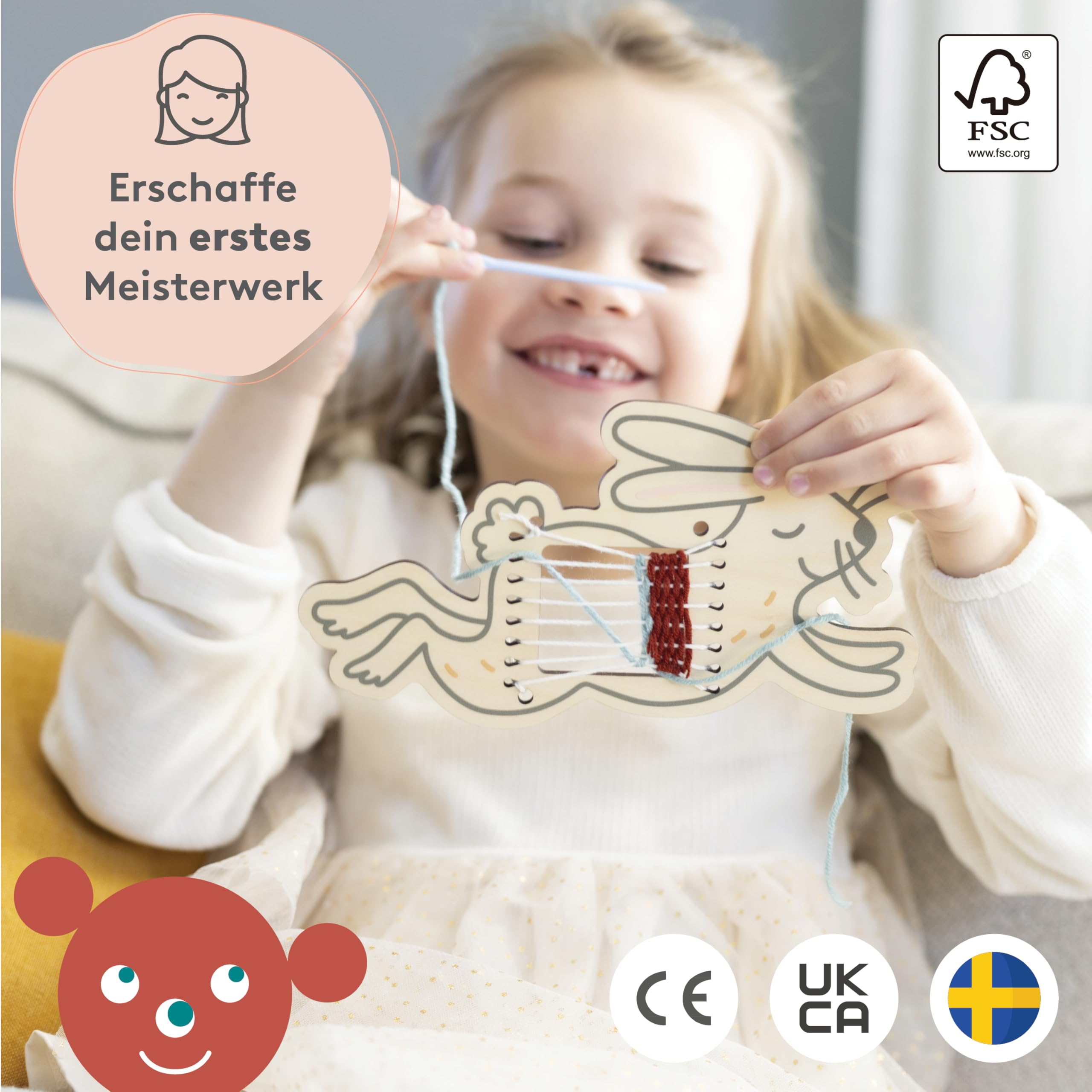 Micki Webrahmen für Kinder, Bastelset Kindergeburtstag, aus Holz, 3 Figuren | Webrahmen Kinder (Bär, Hase und Blume), Holzwebrahmen mit stumpfer Nadel und 4 Garnen, DIY Set Kinder, Webstuhl, 5x230x150 mm