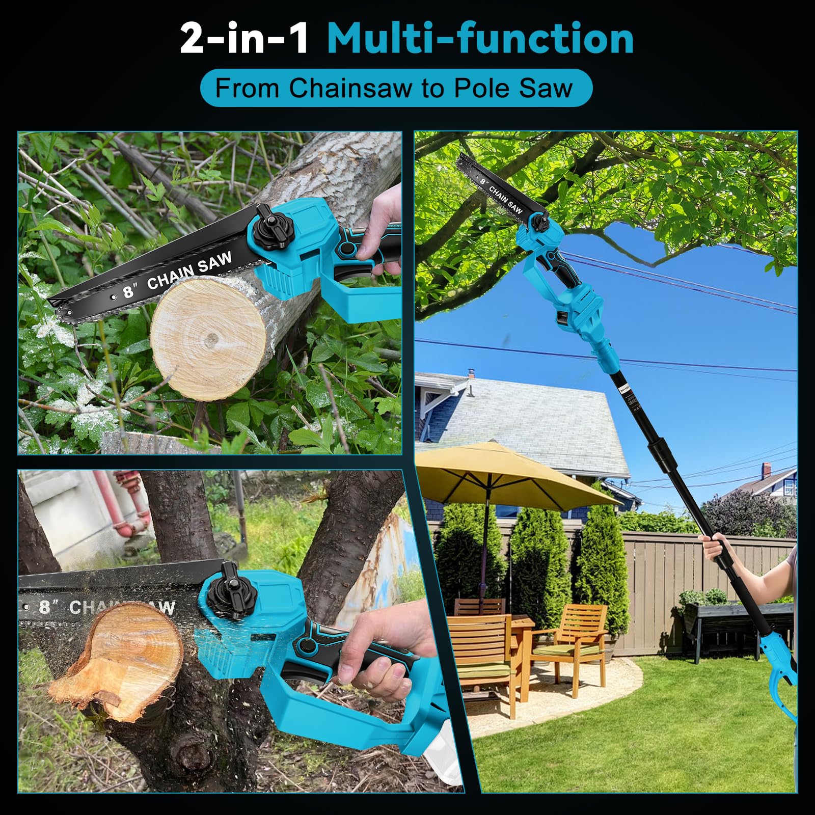 4IN1 Akku Astschere Kettensäge, 45mm Elektro Gartenschere & 8 Zoll Kettensäge Mit 2m Teleskopstiel, kompatibel mit Makita 18V Akkus (ohne Akku), bürstenloser Motor, Arbeitshöhe bis 4,5ft-8ft