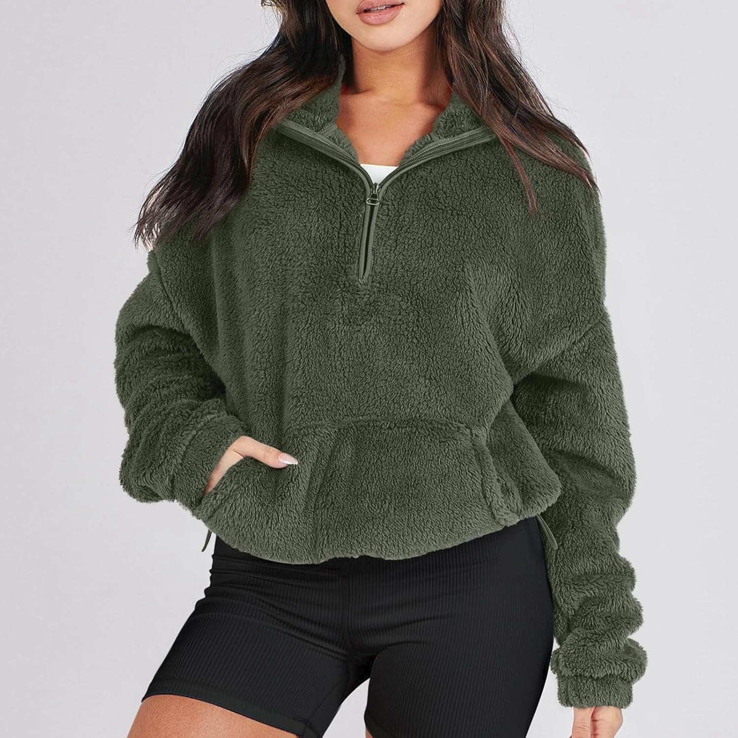 1/4 Zip Sherpa Pullover Womens Fuzzy Fleece Half Zip Pullover Oversized Zip Up Hoodie Quarter Zip Cropped Sweatshirt Womens Quarter Zip Pullover Womens Sweatshirts Pullover Sweatshirts for Women - Image 4