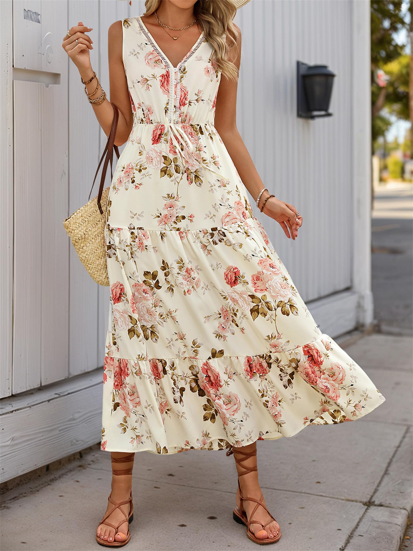 Generisch Bedrucktes ärmelloses Damenkleid, Damen 2025 Sommer ärmellos V-Ausschnitt Boho Knopf Langes Kleid Strand Langes Sommerkleid