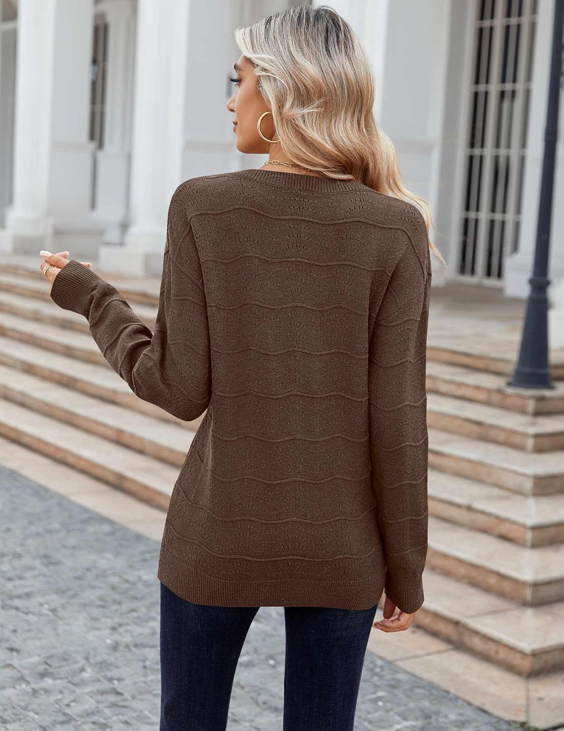 Zeagoo Womens Sweaters Fall Casual Long Sleeve V Neck Shirts Lightweight Crochet Ribbed Knit Pullover Tops Outfits - Image 5