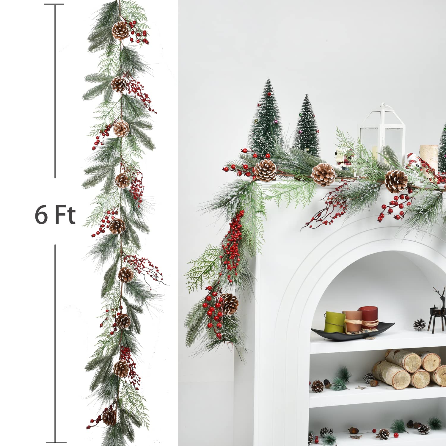 Guirlande De Noël Baies Rouges Et Pommes De Pin - Longueur 175/200cm, Décor Intérieur/extérieur, Réaliste Et Durable - 7