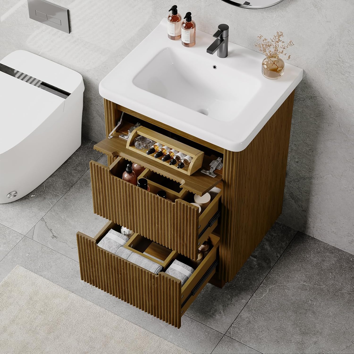 ONBRILL 24" Modern Fluted Bathroom Vanity with Sink Combo, Freestanding Bathroom Vanities with 3 Drawers, Bath Cabinet with Integrated Ceramic Sink for Small Space, Apartment (Walnut)