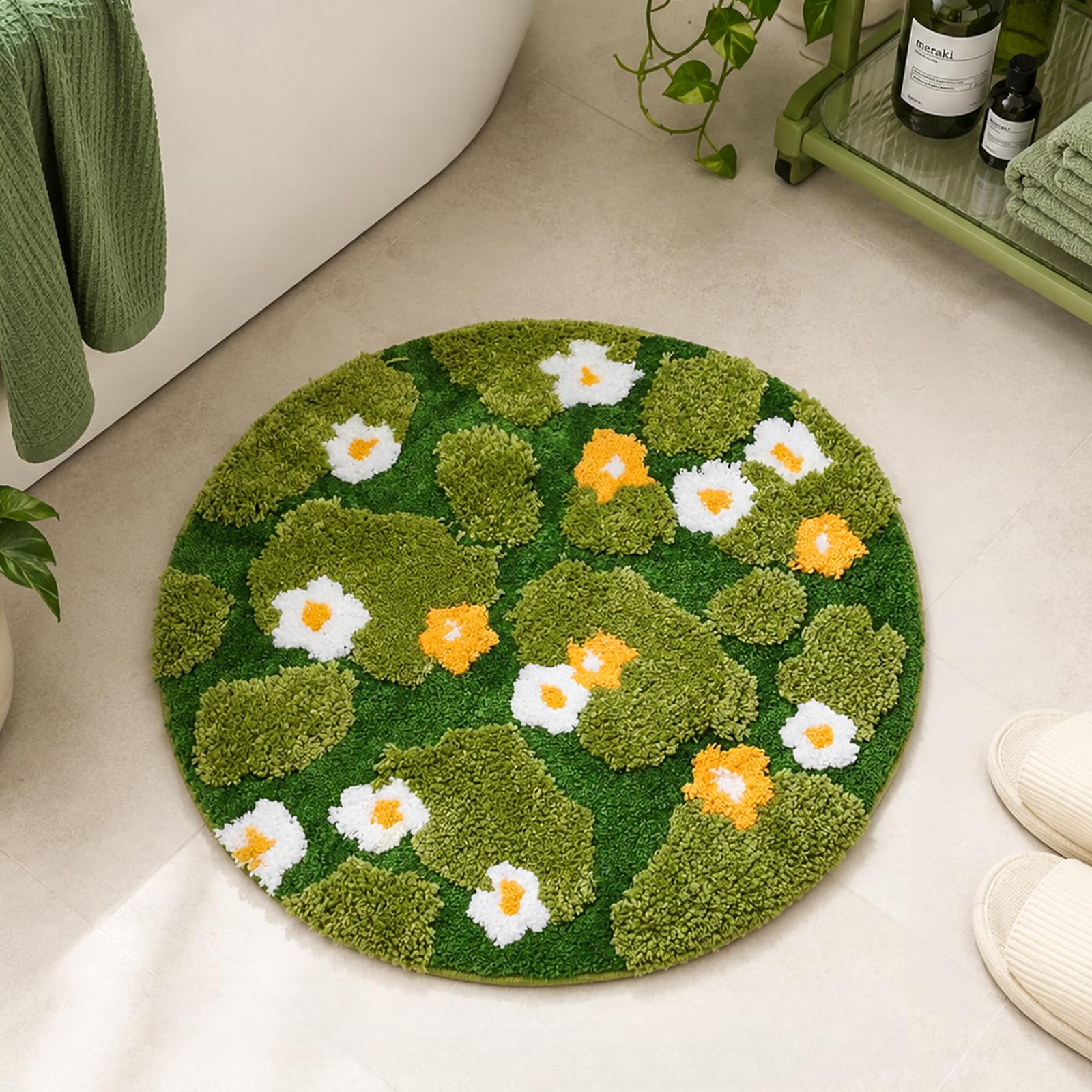 Tappetino da Bagno Verde a Fiori e Muschio, Tappeto da Bagno in Microfibra Spessa 3D Tufted Morbido e Soffice, Antiscivolo Lavabile Assorbente 60x60 cm