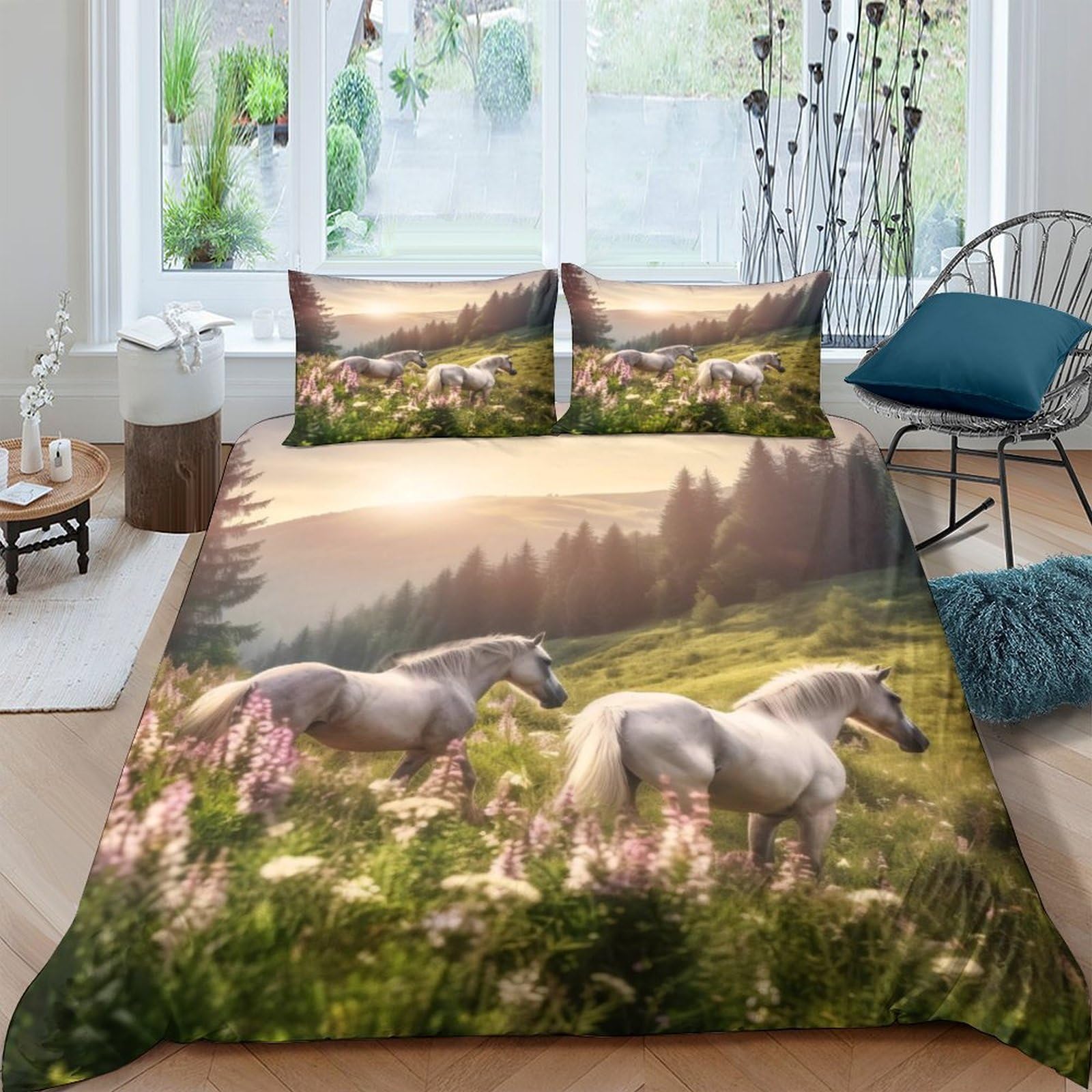 Ctjqhvkz Style-8 3D Printed White Horse Meadow Fitted Sheet Microfiber Soft Anti-Slip Bed Cover For Bedroom Guest Room Decor Single（135X200cm）