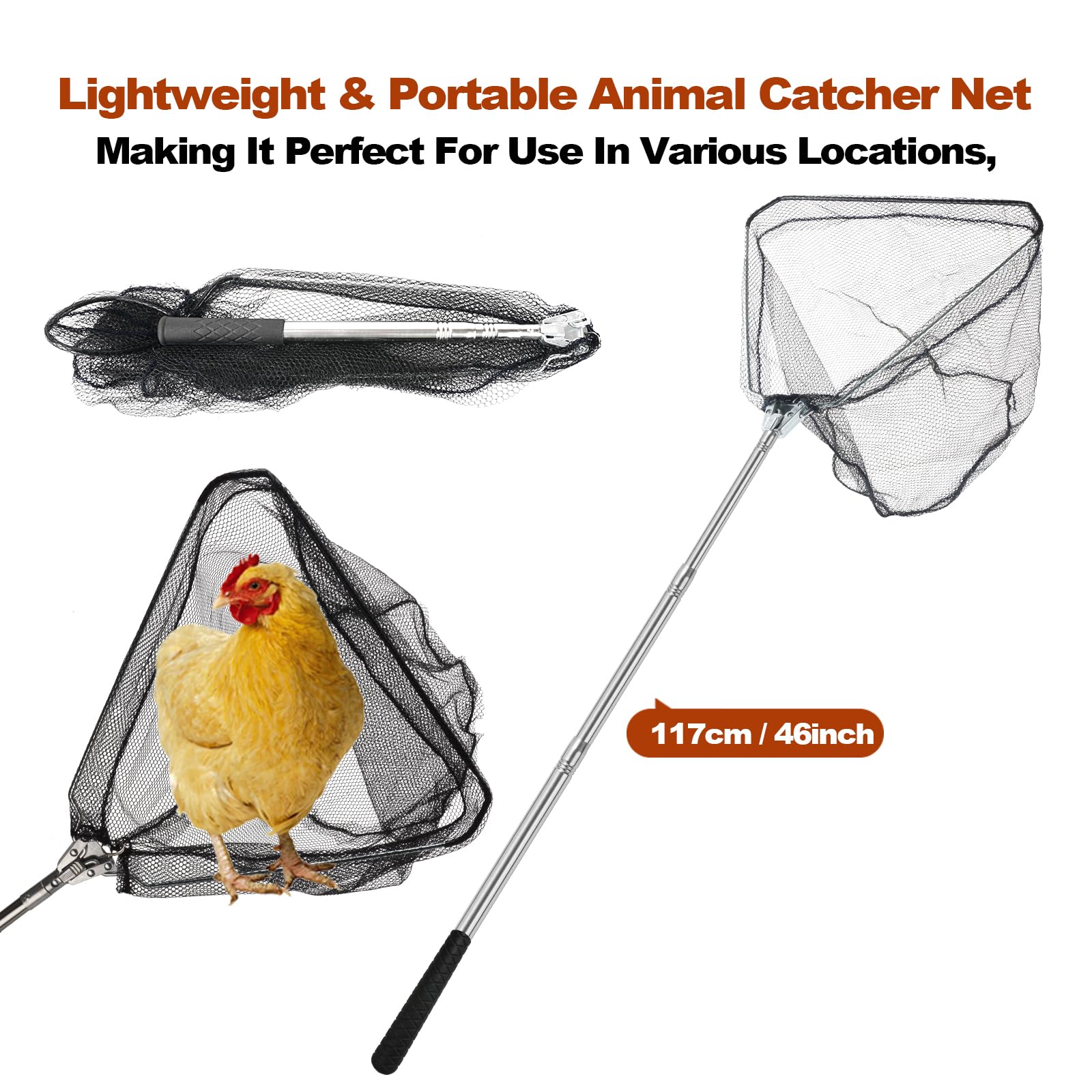 Filet de capture de poulet, filet animal avec poteau extensible en acier inoxydable de 117 cm, filet à poulet pour poulets, canards, oiseaux, chats, chiens, résille, attrape-poulet pour