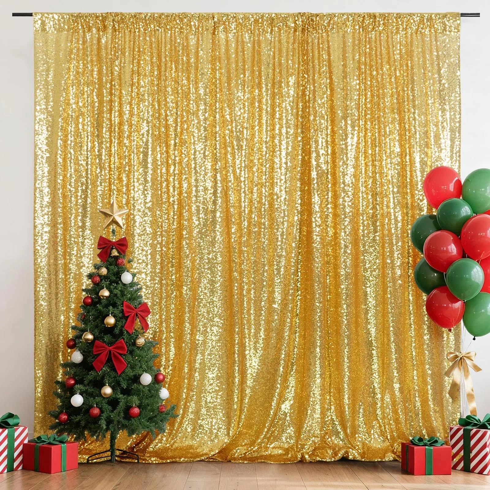 Telón de fondo de lentejuelas de 243 x 243 cm, color ámbar dorado, brillante, para fotografía, fiesta, graduación, boda, banquete, fondo de fotos (2,4 x 2,4 m)