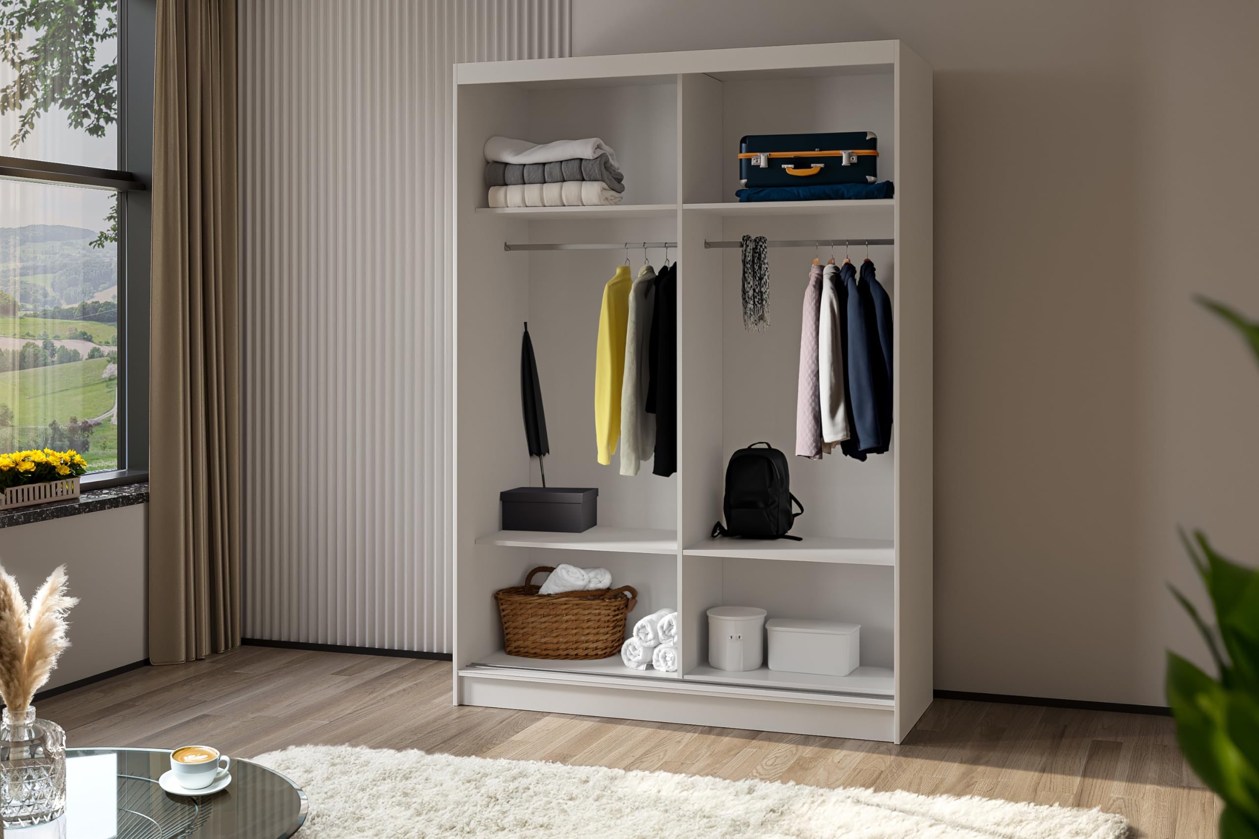 Kleiderschrank Samantha 150cm, Schwebetürenschrank mit Spiegel und Sprossen, Schlafzimmerschrank, Garderobenschrank, Kleiderstange, Regalfächer, moderner Mehrzweckschrank, grau