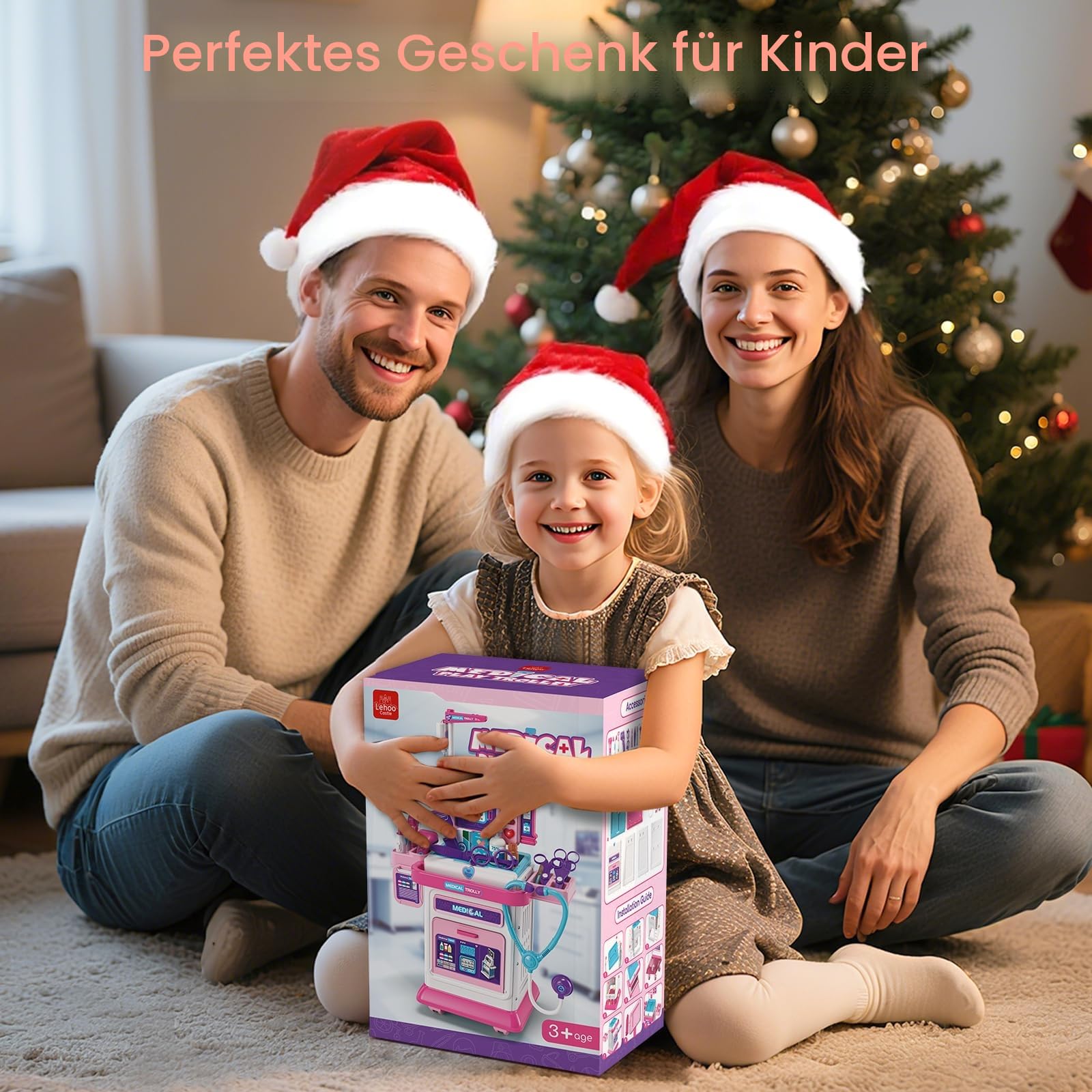 Lehoo Castle Arztkoffer Kinder, Arztwagen mit Ton & Licht, Doktorkoffer Kinder, Arztkoffer mit Stethoskop, Spielzeug ab 3 Jahre, Mädchen Geschenke 3 Jahre Medizinischer Kinderwagen(Rosa)