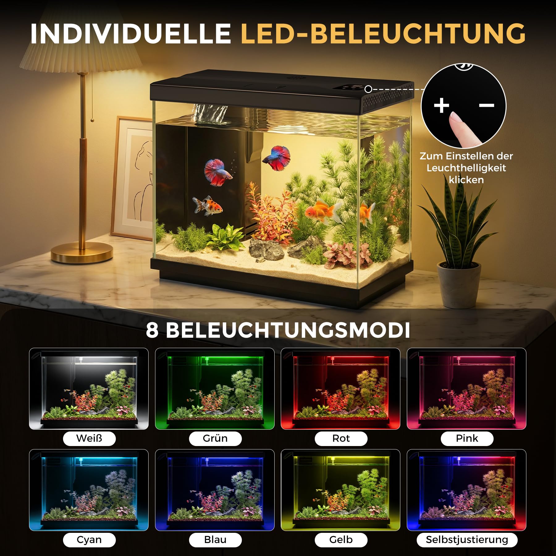 8.3L Kampffisch Aquarium mit 4-in-1 leiser Pumpe & Surface Skimmer, Nano Aquarium Komplettset mit Temperaturanzeige, 8-Farben-Beleuchtung, für Zuhause und Büro (Schwarz, 8.3L)