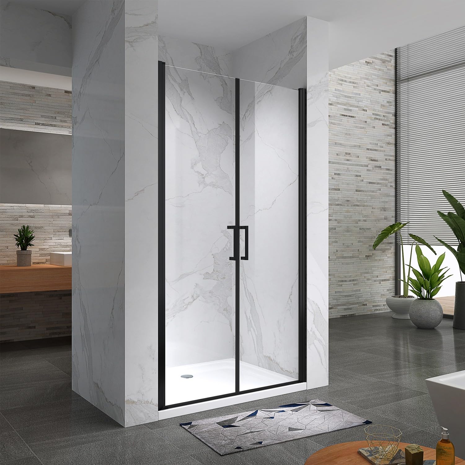 KAYA-BLACK Porte de douche H. 195 cm, largeur réglable 77-80 cm, verre transparent anticalcaire