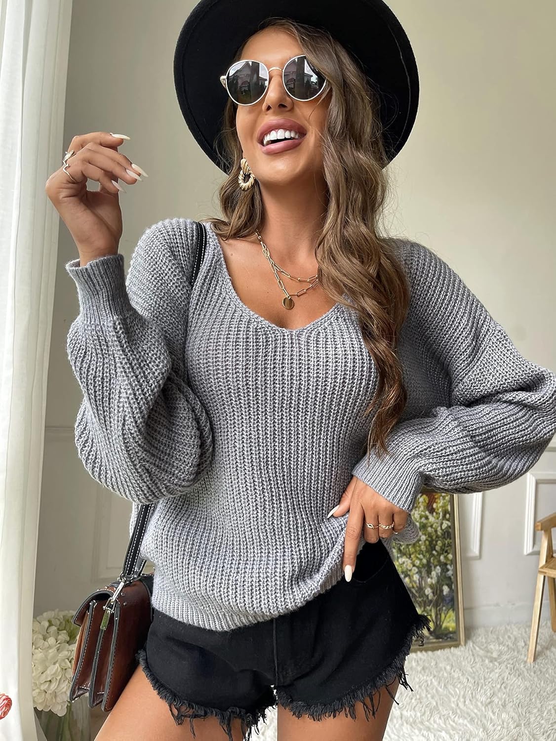 Women's Sweater Drop Shoulder Ribbed Knit Sweater Sweater for Women (Color : Gray, Size : Medium)