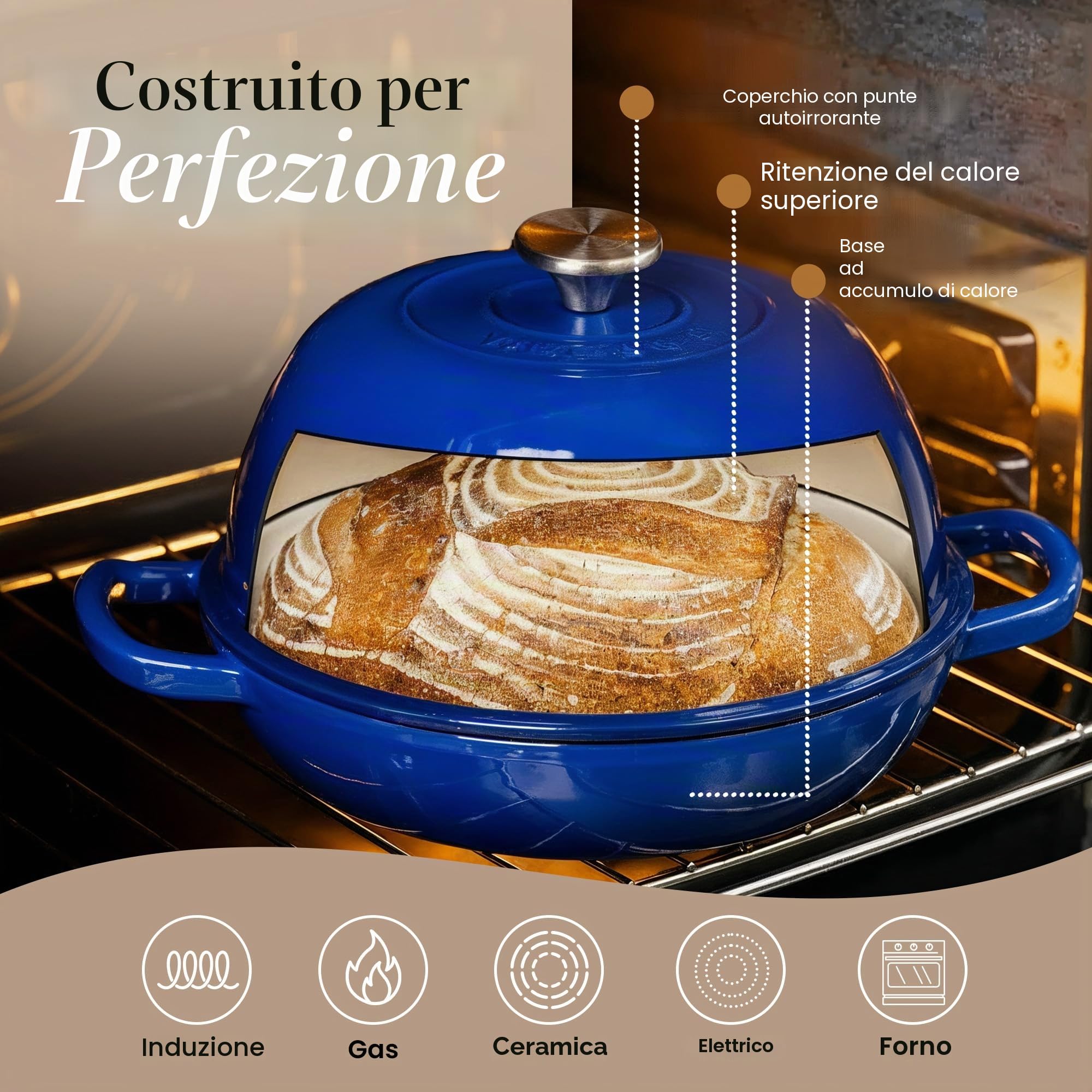 Casseruola in Ghisa Smaltata con Coperchio – Forno Olandese per Pane e Lievitati – Pentola in Ghisa per Cottura del Pane – Blu Scuro, 5.68 Litri, 22cm – by Nuovva