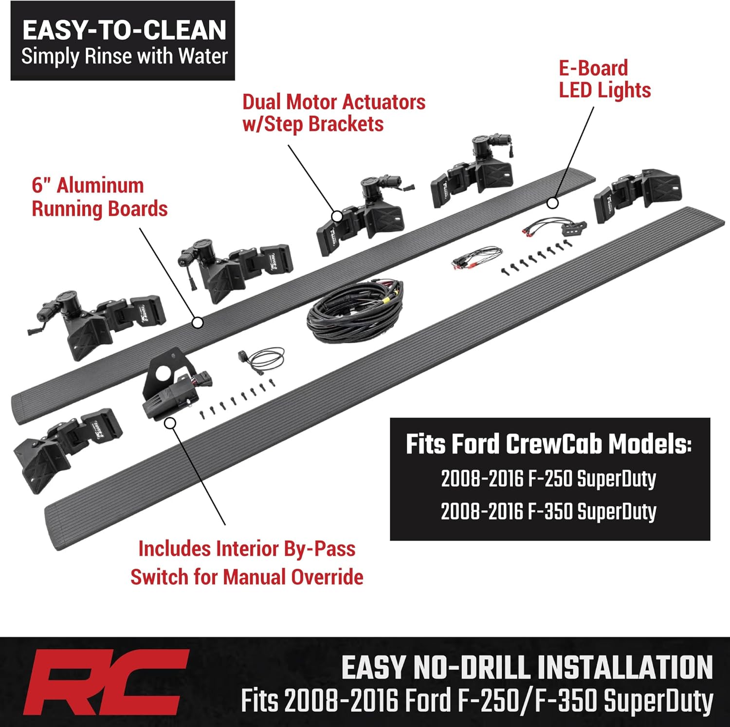 Rough Country Power Running Boards with LED Step Lights for Ford F-250/F-350 Super Duty (2008-2016) Crew Cab- Retractable Electric Side Steps, Non-Slip Aluminum Design
