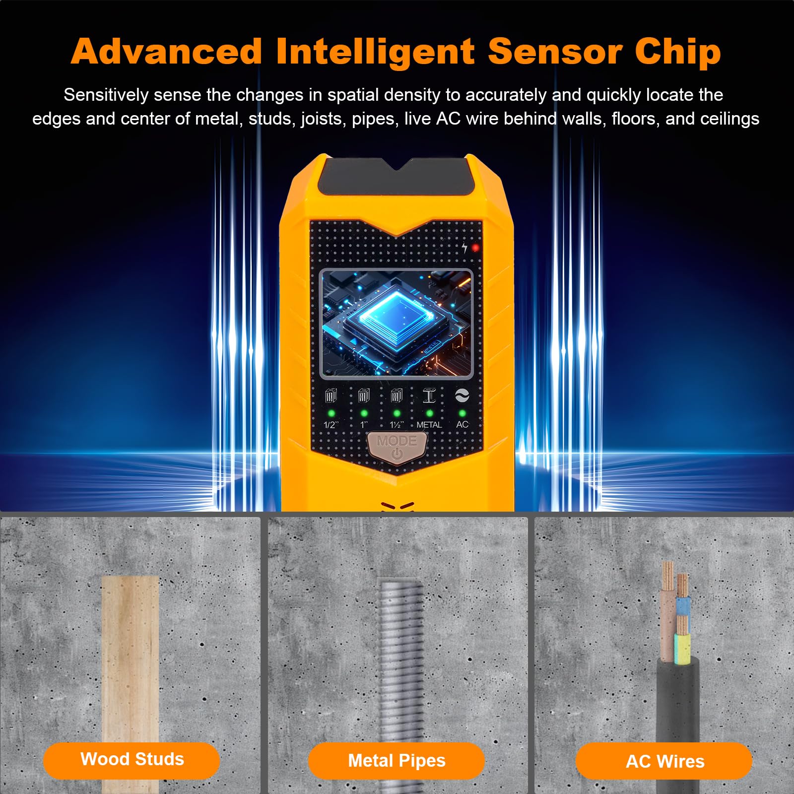 Escáner de pared, detector de pernos 5 en 1 con chip de microprocesador inteligente y pantalla LCD HD, buscadores de haz para centro y borde de madera, cable de CA, viga, metal y tubería,