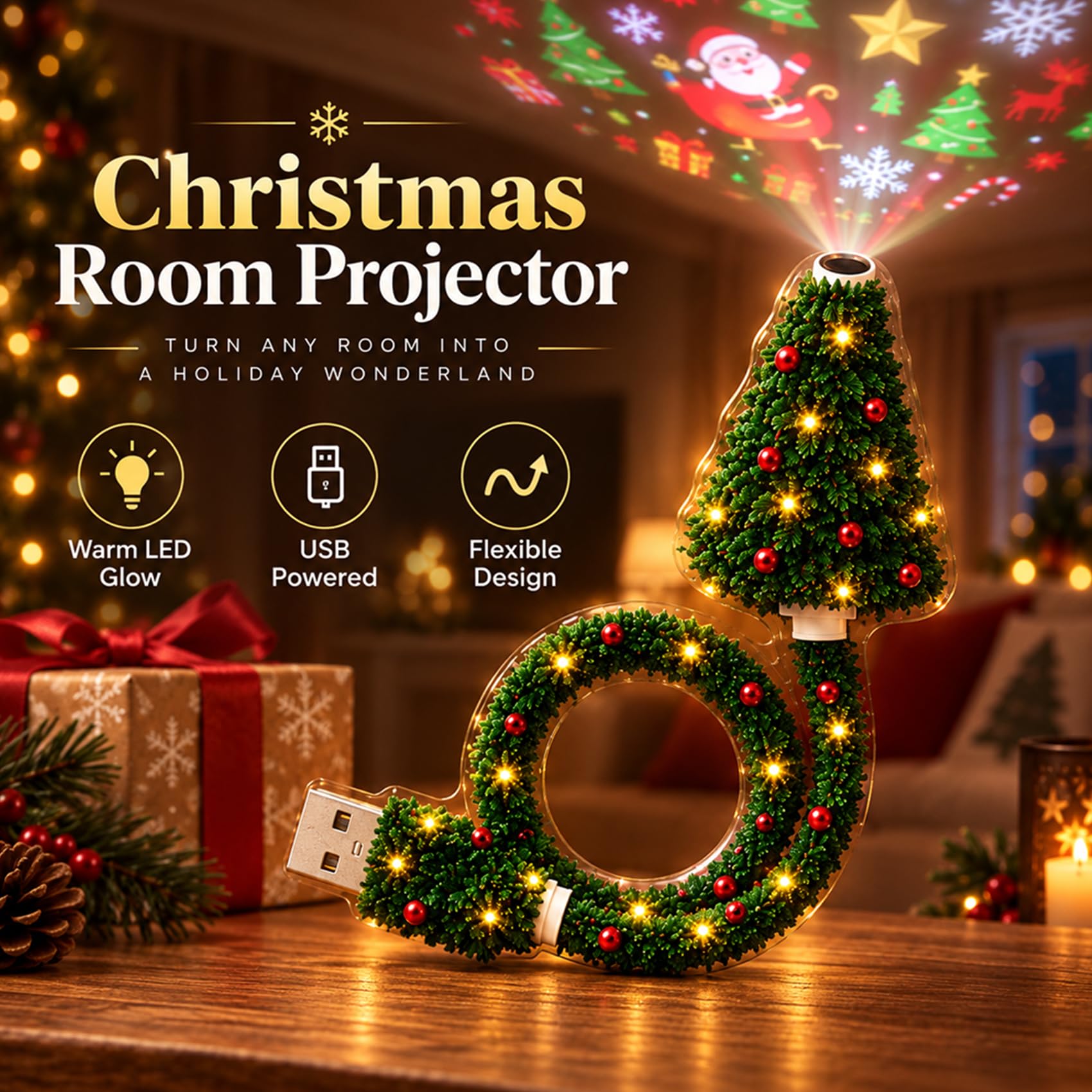 Plug and Play Hd Christmas Projector, USB Flexible Tree Lamp (2 Pcs)