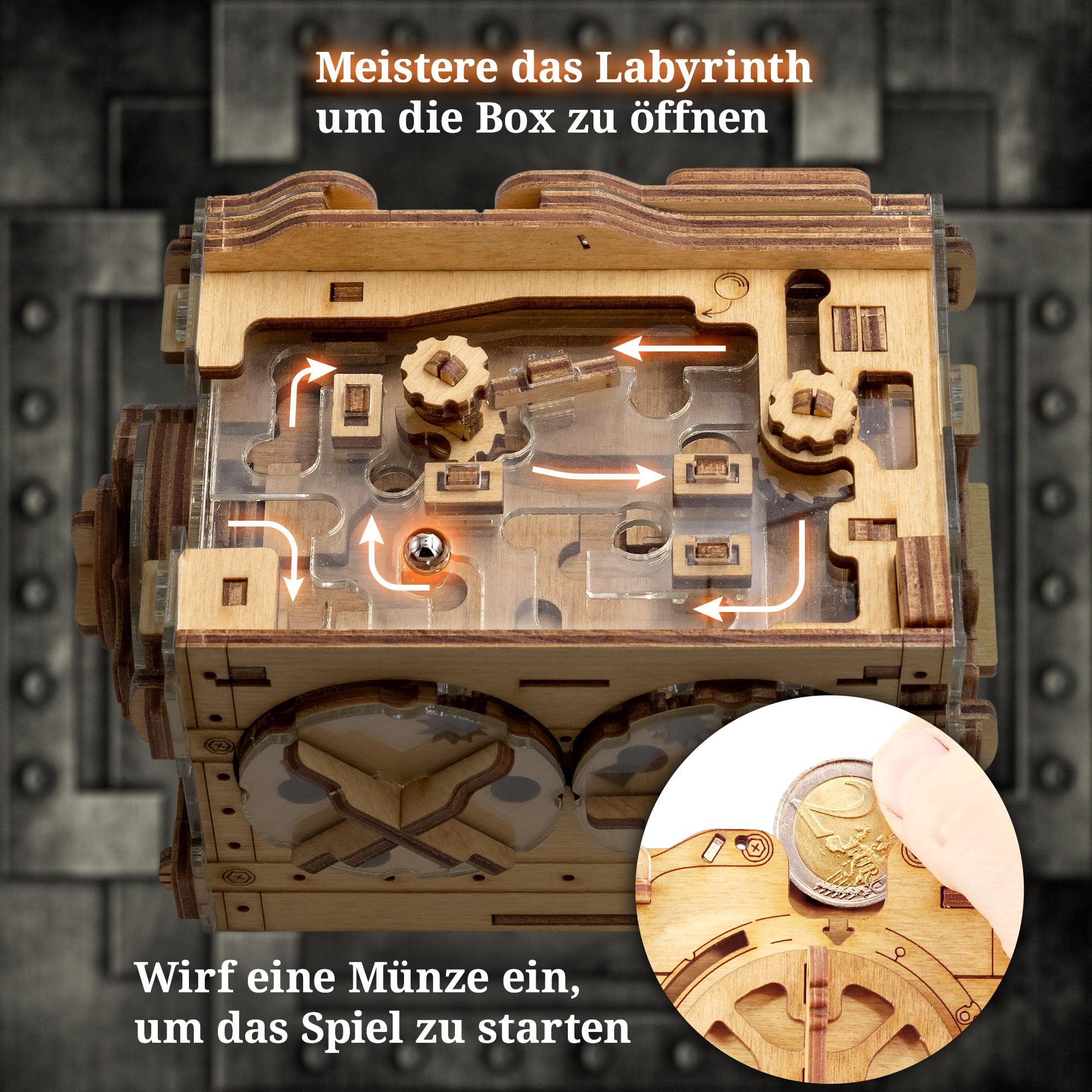 iDventure Amazeing Safe - Murmelbahn Spardose Puzzlebox - Escape Room Spiel - Geschenkbox - Schatztruhe - 3D Holzpuzzle - Sequenzielle Puzzles Rätselbox Erwachsene - Geldgeschenk - Männer Geschenk