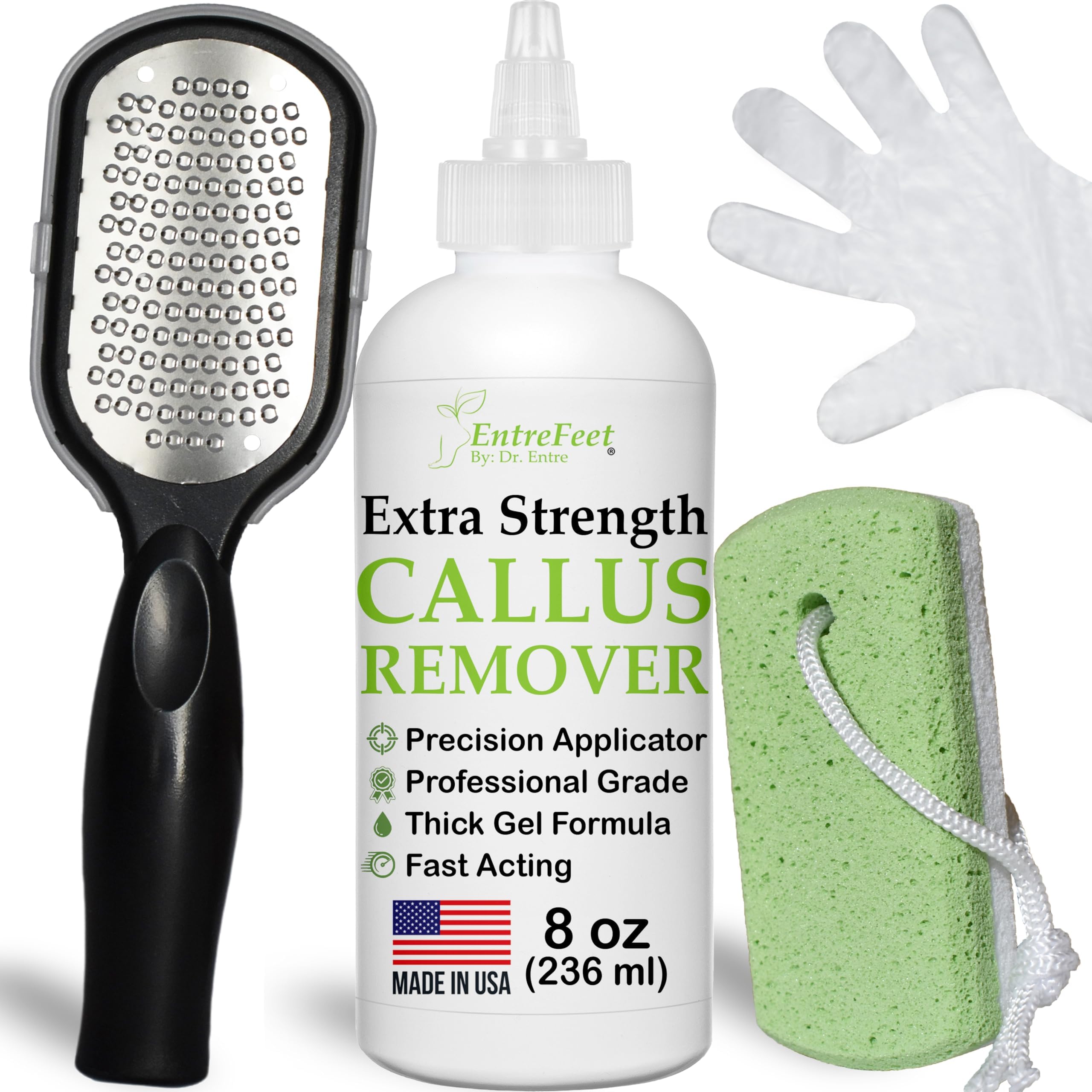 Dr. Entre's Callus & Corn Removal Kit for Feet: 8oz Callus Remover Gel, Foot File, Pumice Stone, 5 Glove Pairs for Gel Application, Spa Kit, Foot Care, Pedicure Tools, Scrubber