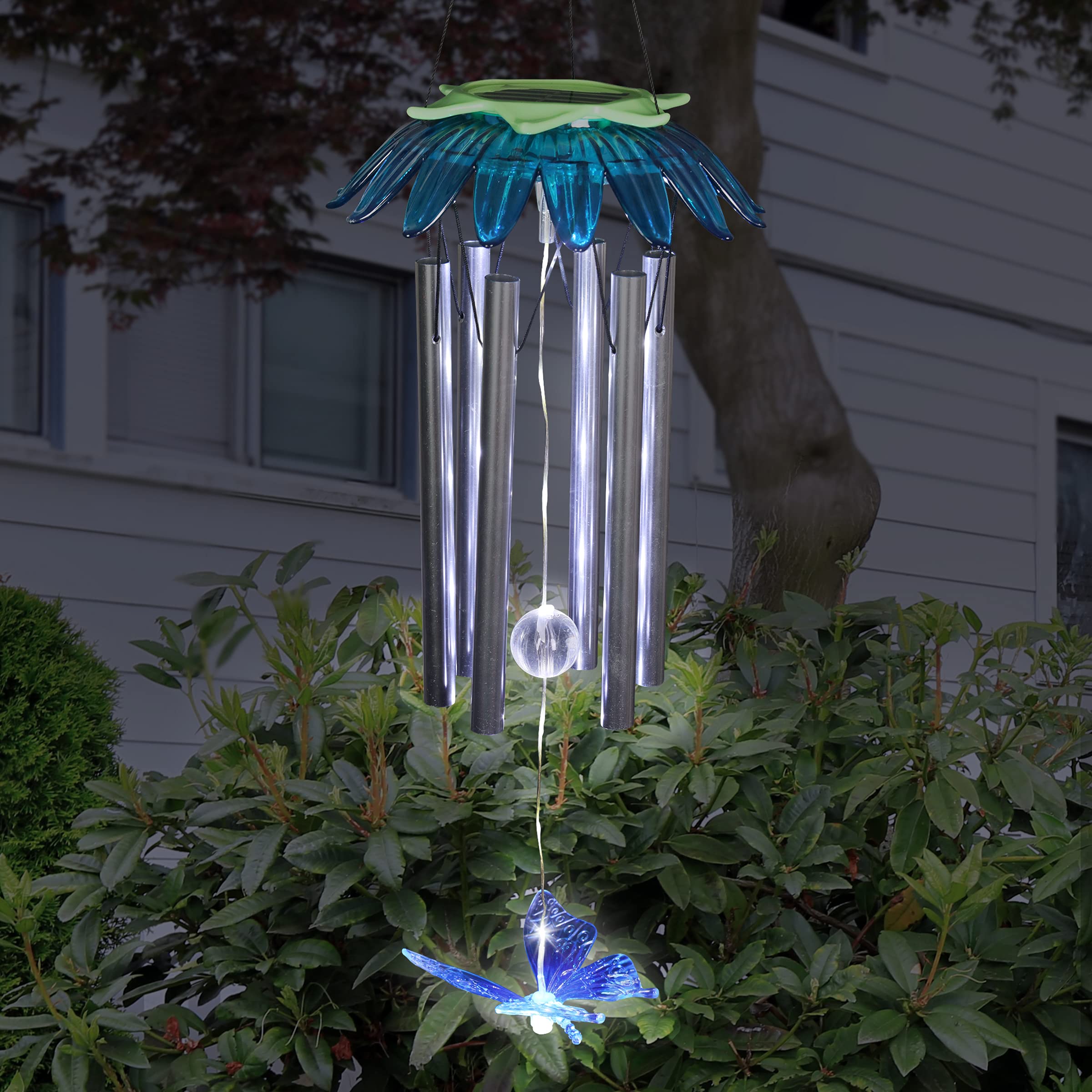 ExhartSolar Flower Wind Chime with 8 White LEDs Blue Butterfly
