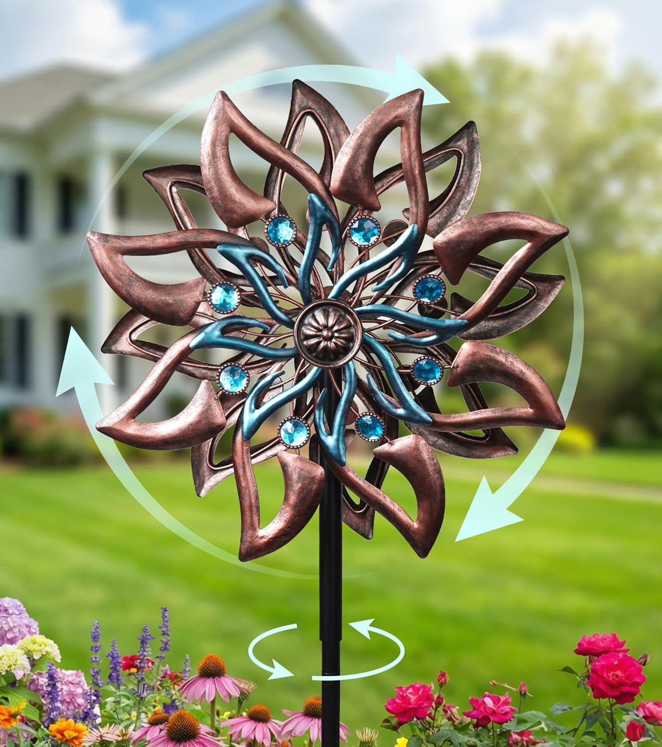 360° Garden Wind Spinner for Outdoor Yard Art – W13xH64 Kinetic Windmill for Garden, Lawn, and Patio – Dahlia-Inspired Copper and Teal Wind Spinners Outdoor Decorative Yard Art
