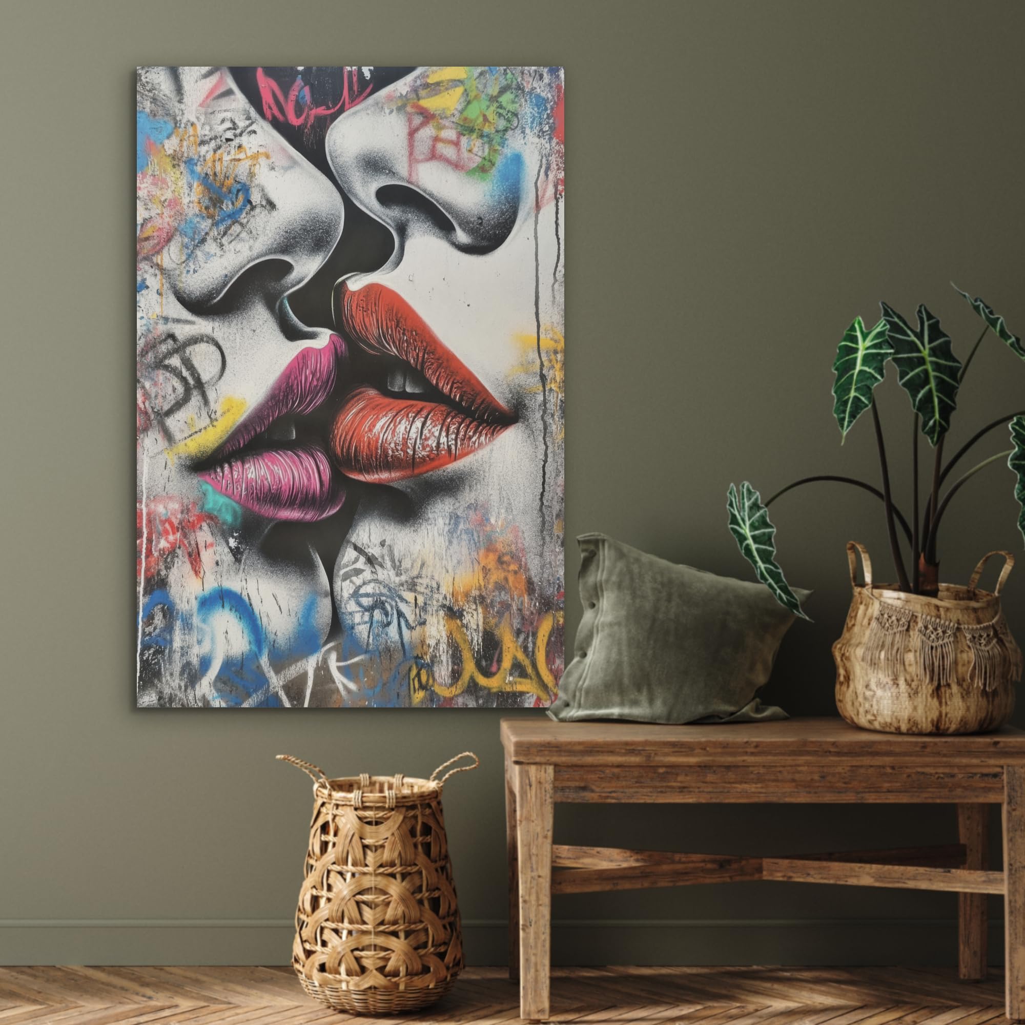 MuchoWow© Wandbilder aus Filz 60x90 cm Wohnzimmer Wanddeko Schlafzimmer Zimmerdeko Wandgemälde Zimmer Deko für die Wand Dekoration Wall Art Straßenkunst - Lippen - Kuss - Graffiti