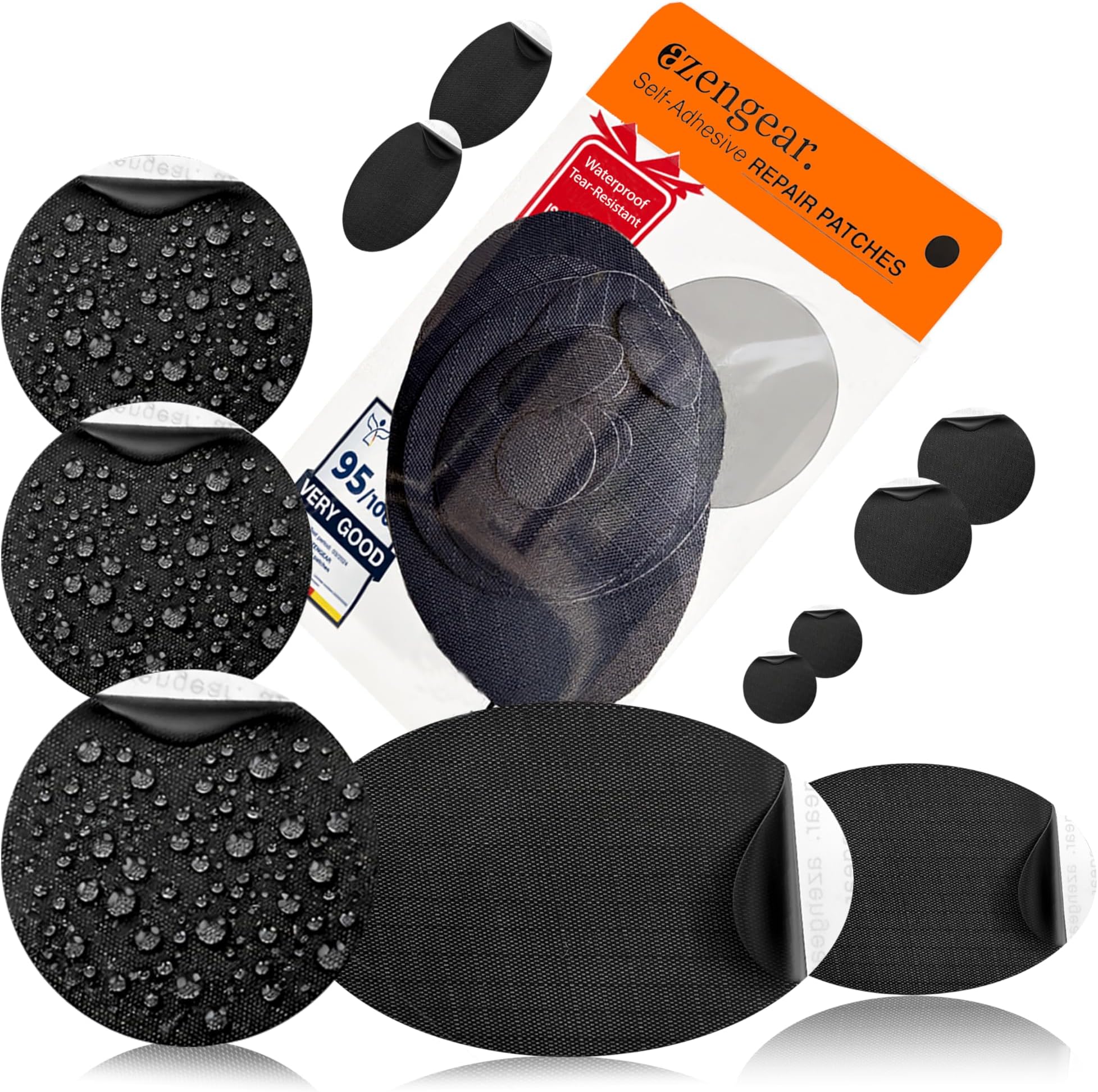 Repair Patches - Waterproof, Self-Adhesive, Tear-Cold-Heat-Resistant Polyester Fabric to Fix Down Jacket, Puffer, Snowsuit, Shoe, Tent, PVC, Clothing, Upholstery (Black)