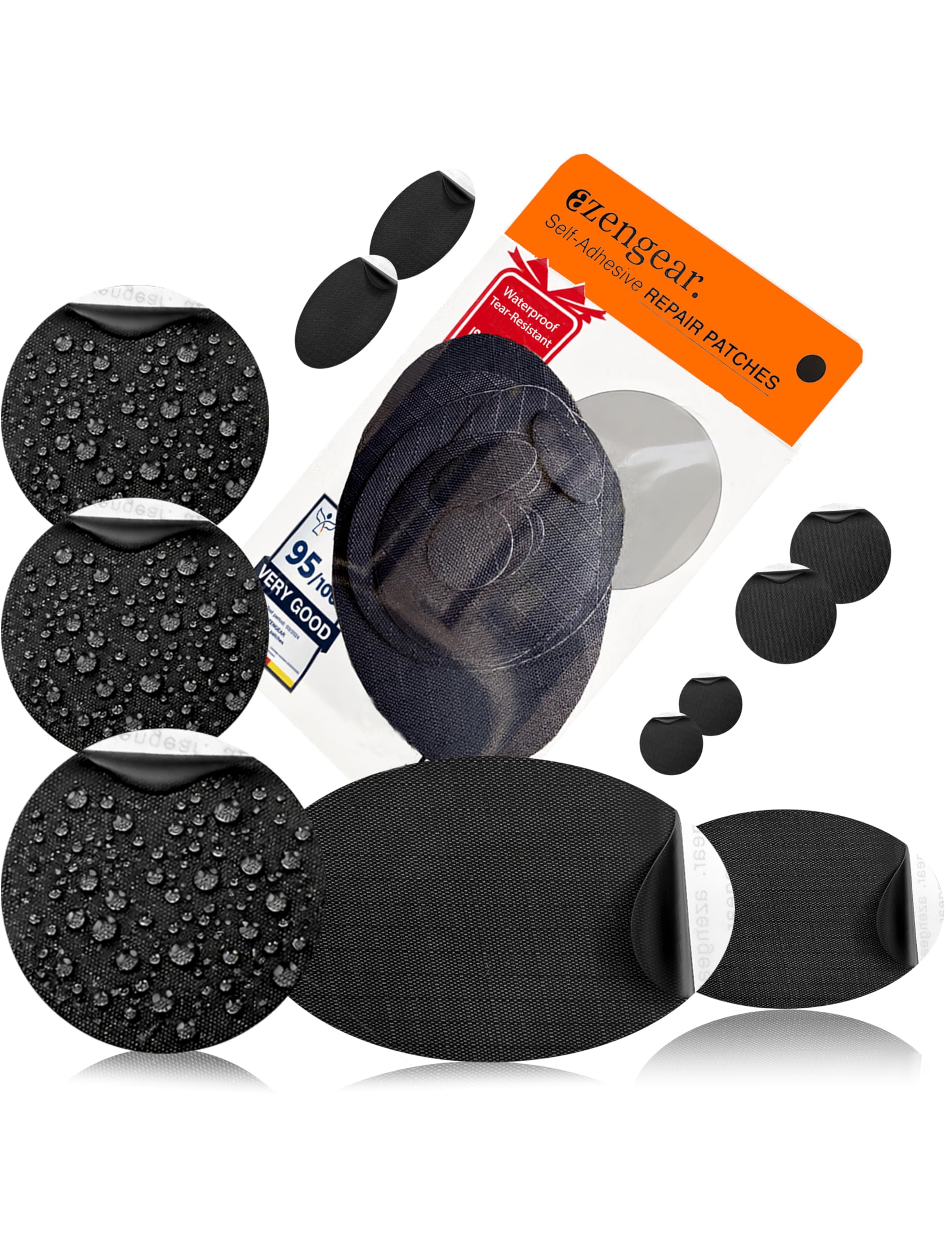 aZengear Self-Adhesive Repair Patches - Waterproof, Tear-Cold-Heat-Resistant Stick On Polyester to Fix Down Jackets, Puffer, Snowsuit, Shoe, Tent, Upholstery (11 Pcs, Black)