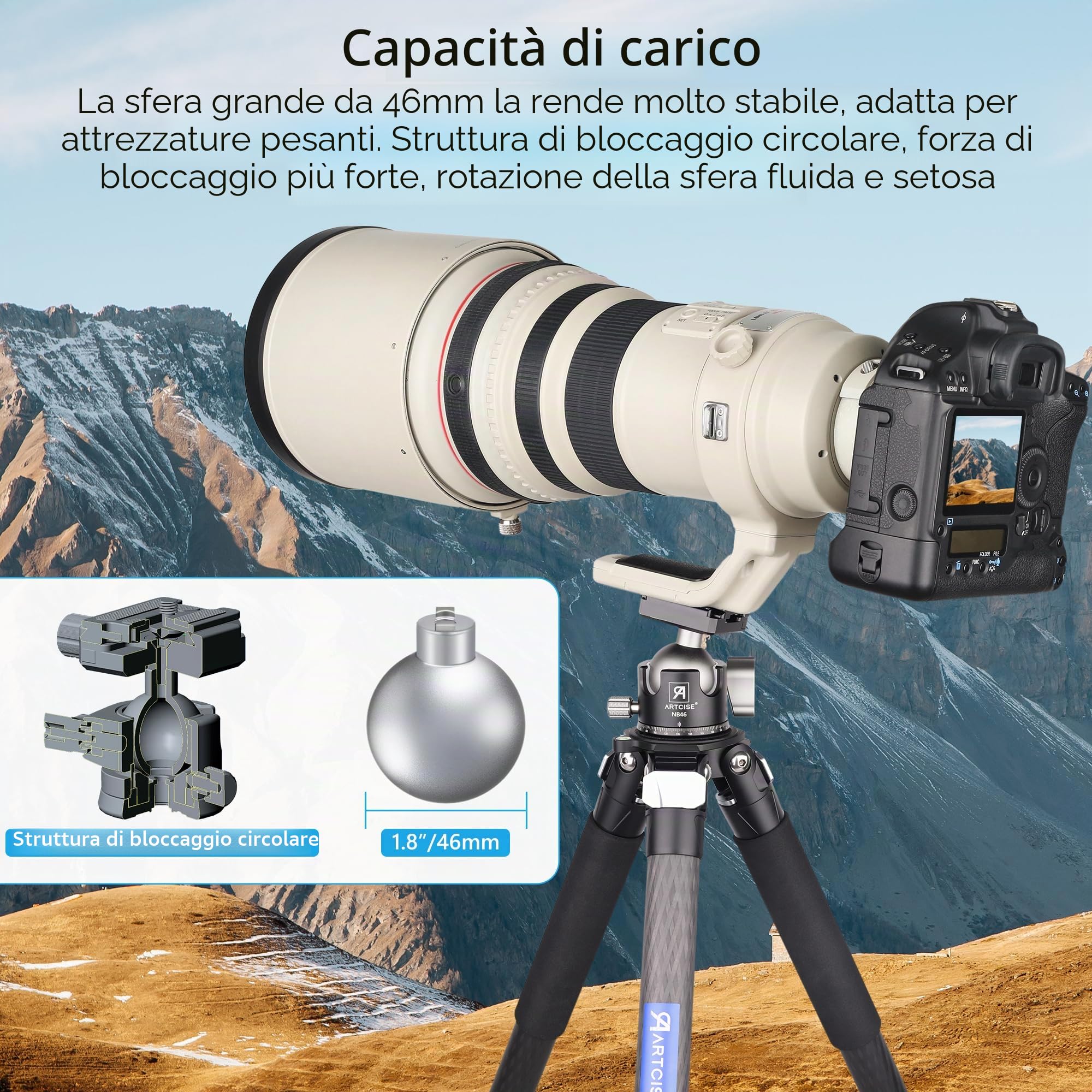 ARTCISE Testa a Sfera a Profilo Basso Tutto Metallo per Treppiede per Fotocamera Carico di 20kg con Piastra di Rilascio Rapido Tre Arca Swiss per Treppiede, Monopiede, DSLR, Fotocamera
