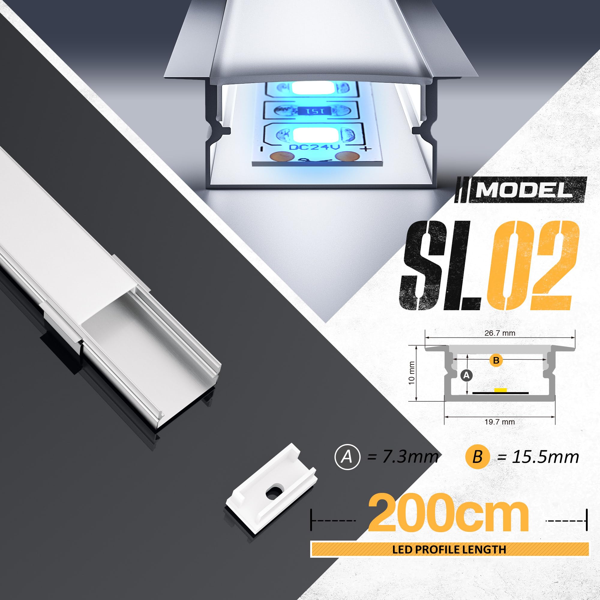 Aluminiumprofil 10 × 2 m (20 m gesamt) für LED-Streifen, Diffusor und Kanal für LED-Streifen bis zu 15 mm - Maße 26,7 x 10 mm (2M 10 Stück).