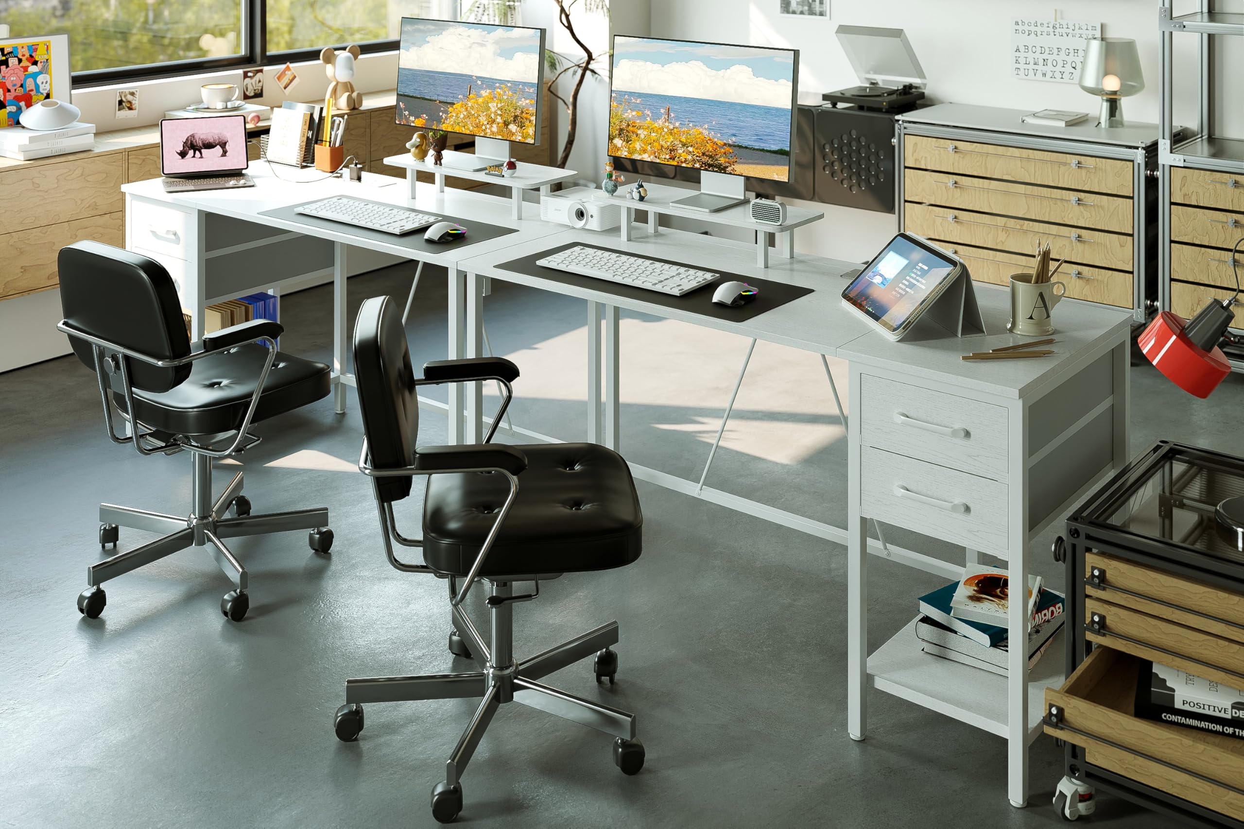 Bureau 100 x 50 cm avec 2 tiroirs et Support d'écran Amovible, Bureau d'ordinateur réversible avec Prises électriques pour Bureau à Domicile, Bureau d'étude ou Chambre à Coucher, Blanc