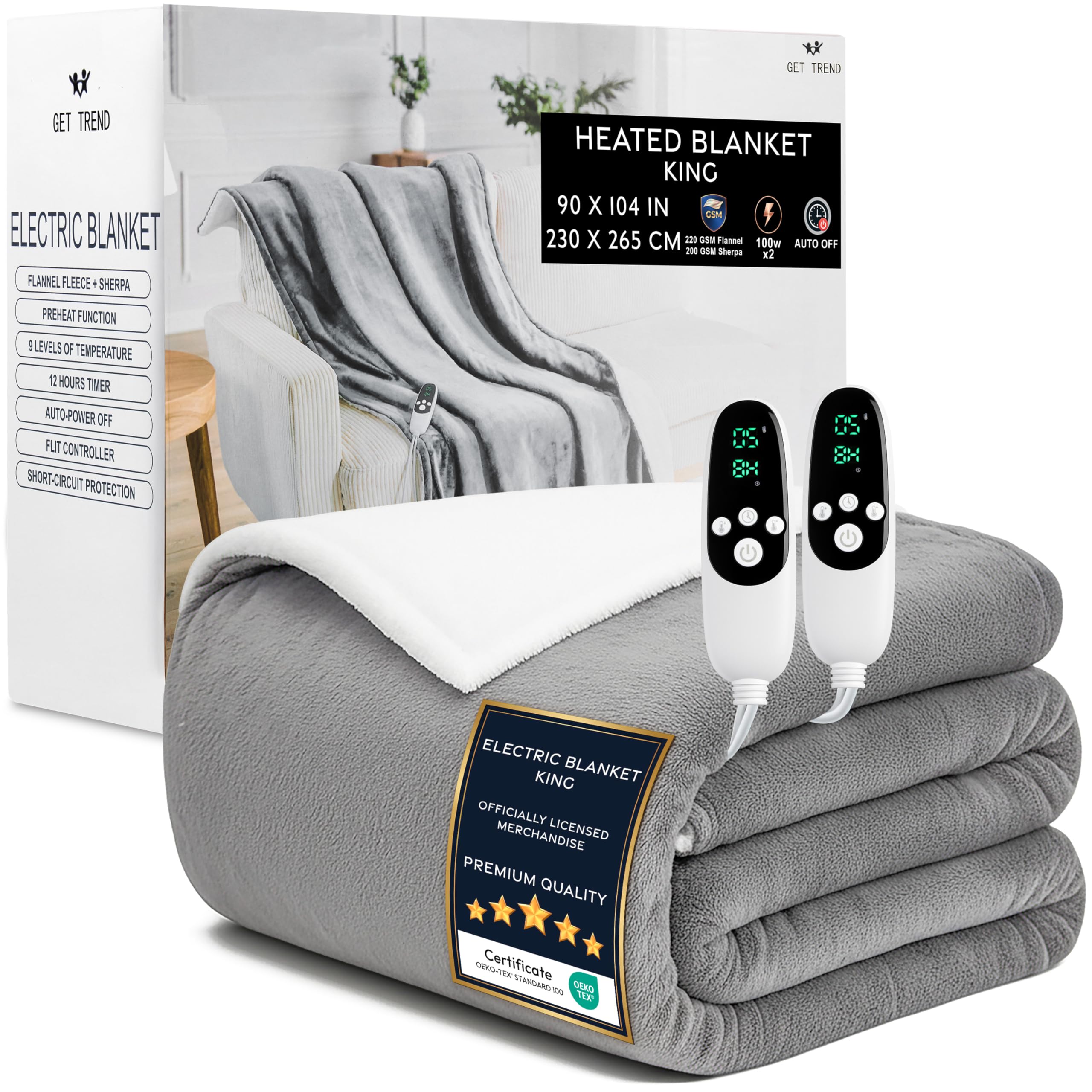 get trend heated blanket electric luxurious fleece king blanket, 9 heat settings & 12h auto shut-off, gifts for grandma, grandpa, seniors, 90x105 in (light grey, king us)