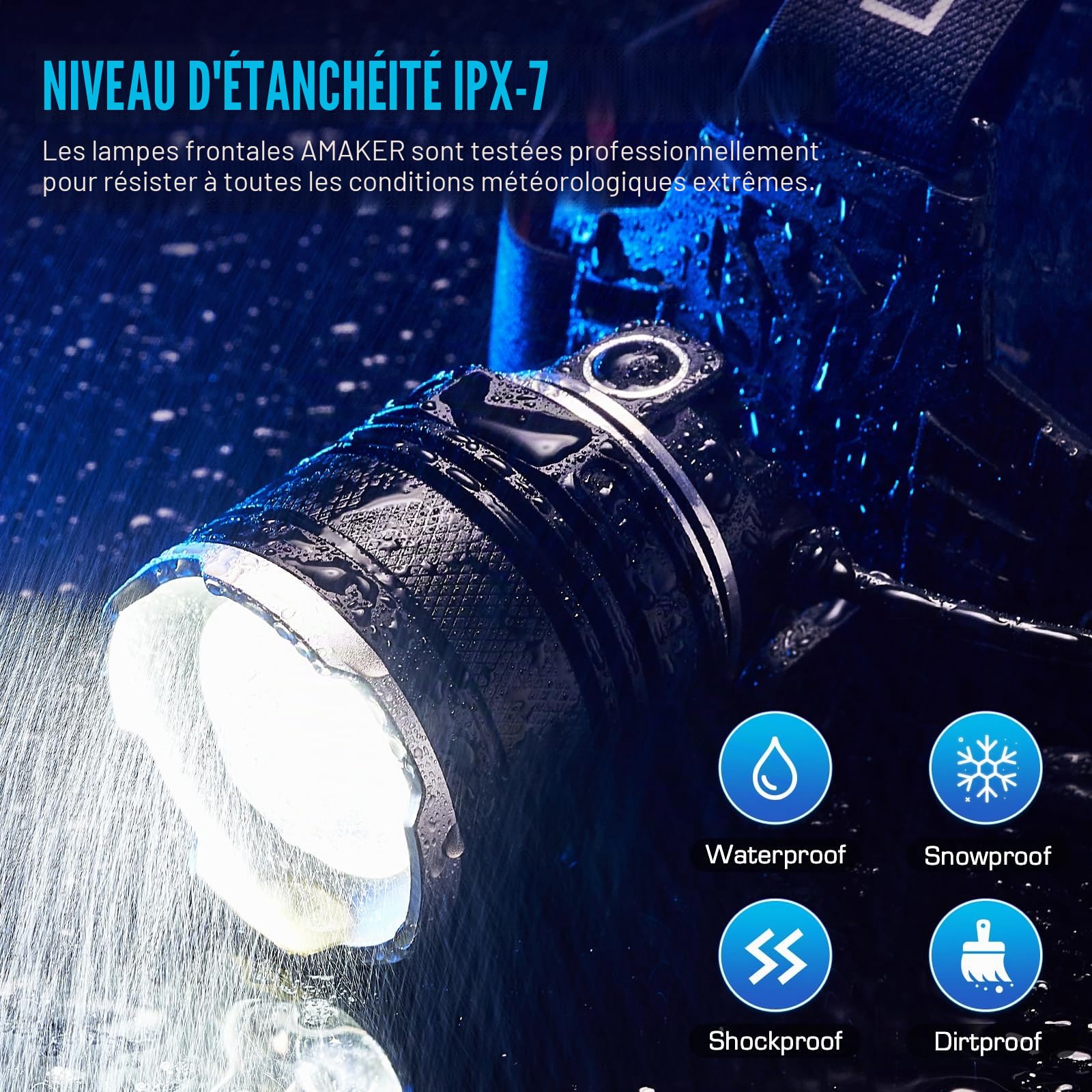 AMAKER Lampe frontale LED rechargeable, 9000 mAh longue batterie avec 5 modes, IPX7 étanche, rechargeable par USB, lampe frontale zoomable pour adultes, réglable à 90° pour camping, chasse, escalade