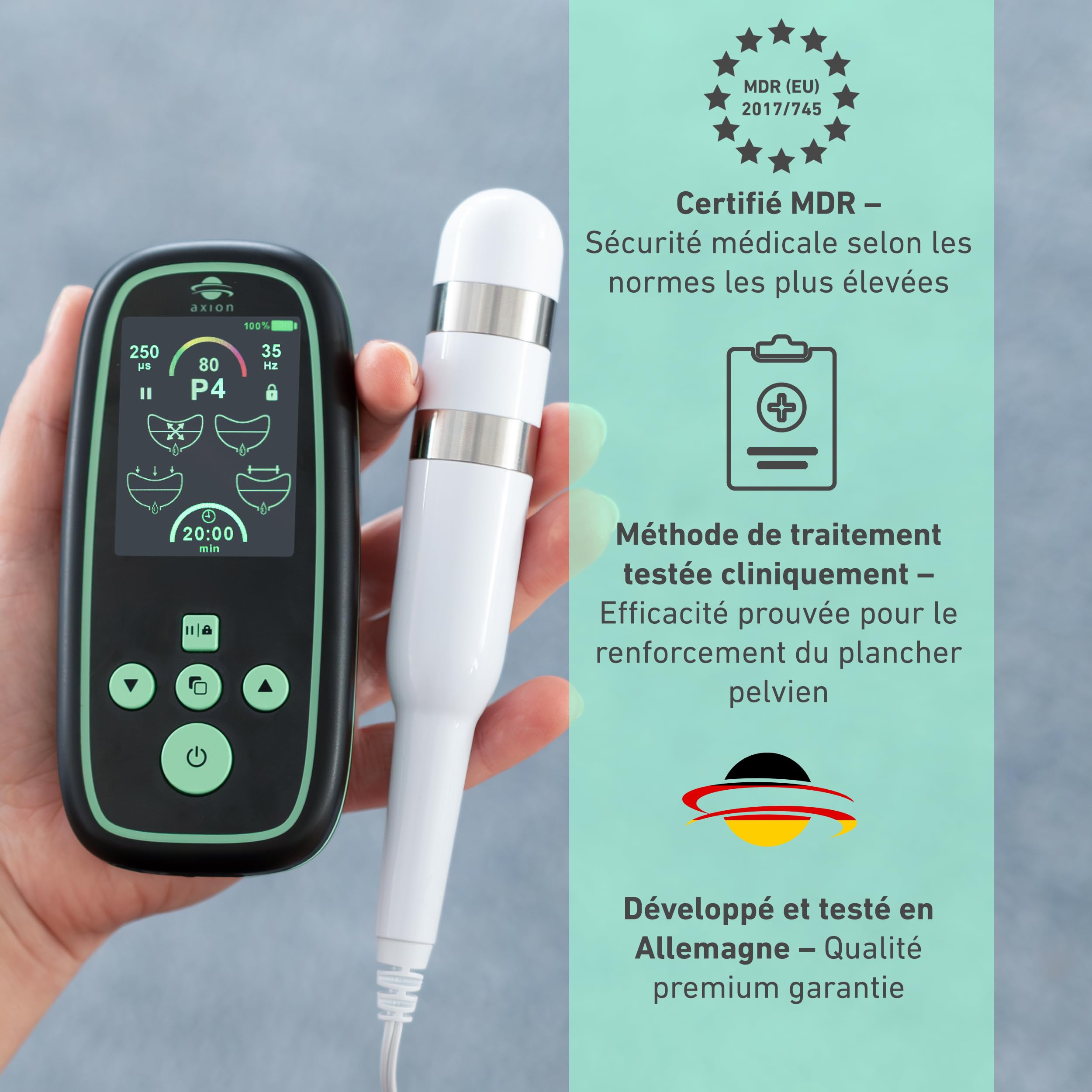 Entraineur du plancher pelvien axion® I-3000 pour femmes | Appareil Kegel EMS avec sonde vaginale pour incontinence | 4 programmes, 80 intensités, Batterie rechargeable – Dispositif médical certifié