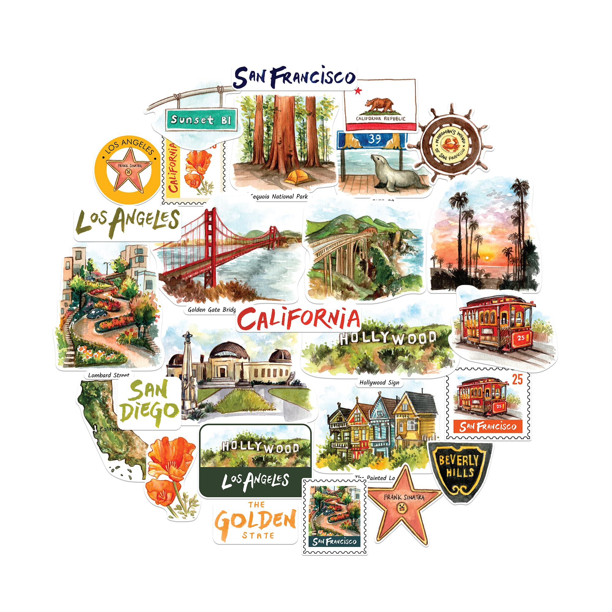Navy Peony Sunny California Statement Stickers - Hand-Painted Watercolour, Glossy, Waterproof - for Suitcases, Laptops, Water Bottles (27-Piece Set)