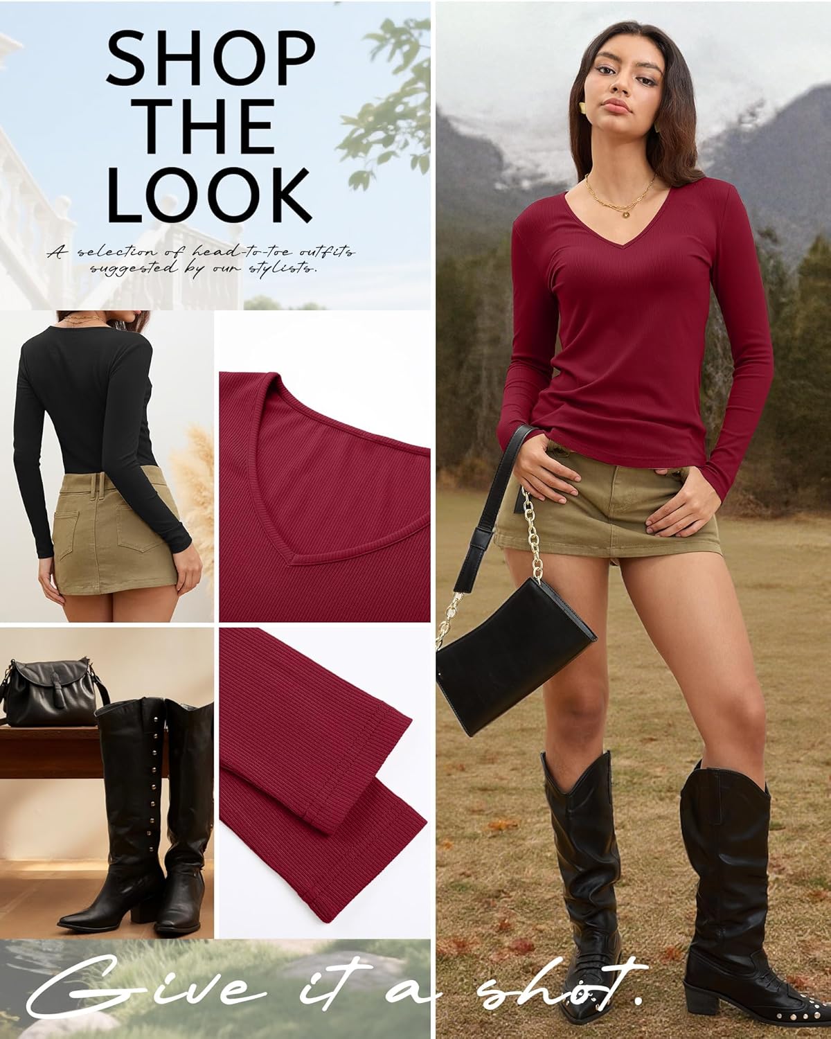 Ficerd 3 Pack Women's Long Sleeve T Shirts Cotton V Neck Slim Fit Tops Ribbed Knit Layering Casual Basic Tees Fall - Image 6