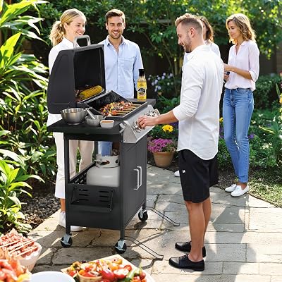 HUGROVE 4-Burner Propane Gas BBQ Grill with Wheels, 40,000 BTU Output Stainless Steel Barbecue Grill for Backyard & Outdoor Cooking Easy Assembly, Foldable Side Tables & Spice Rack (Black)