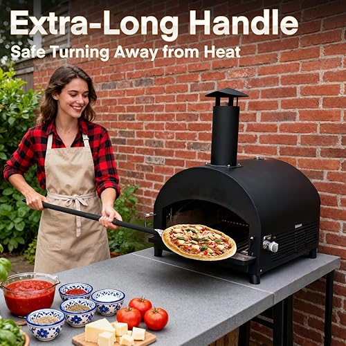 Miniatura 2 de Pela giratoria de pizza de 9 pulgadas, aluminio perforada con mango largo de 31 pulgadas, accesorios para horno de pizza para hornear pizzas caseras