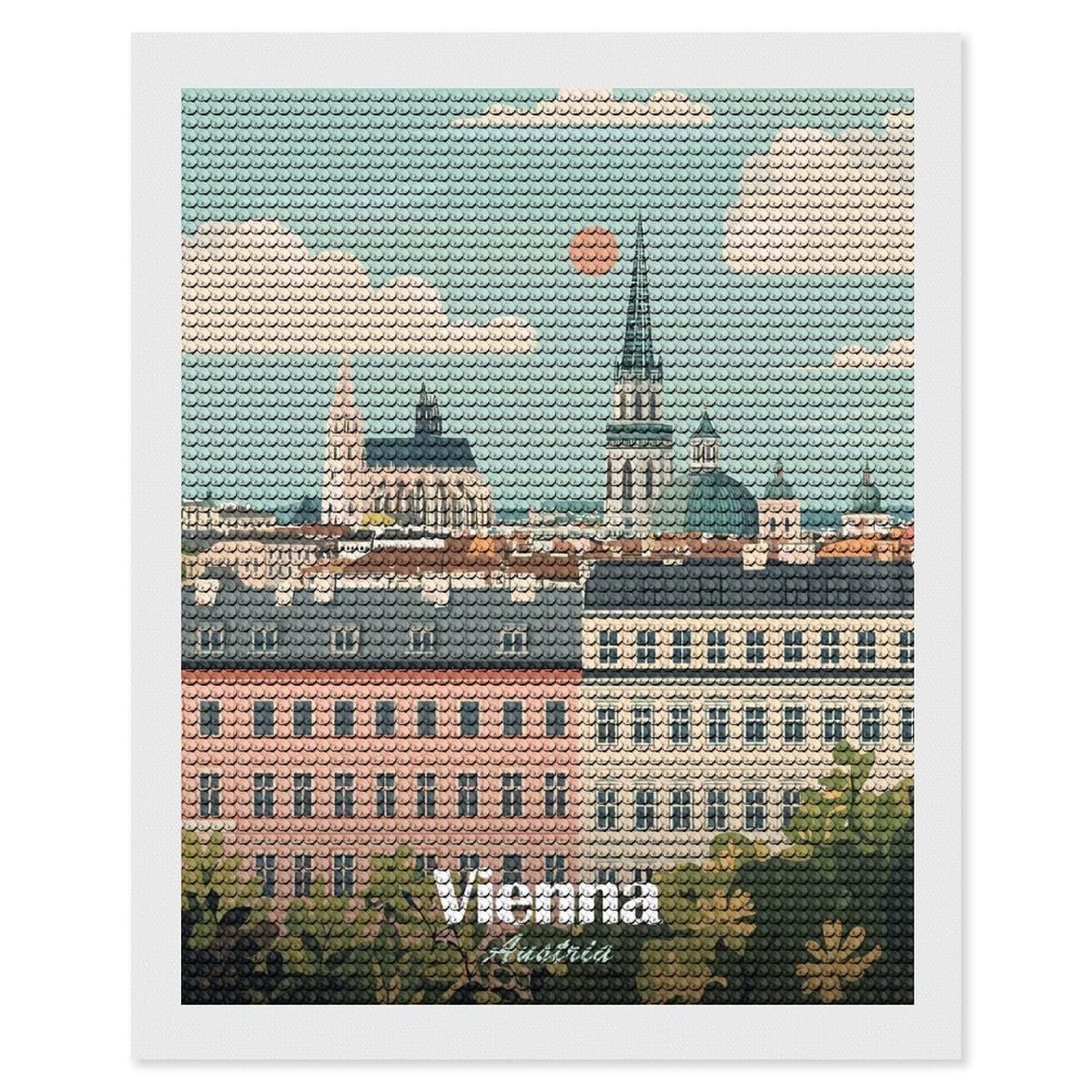 Junmoney Vienna, Austria Cityscape Illustration Diamond Painting Canvas Set 16"x20", for Women, Pleasing Wall Art Project, Aesthetic Room Decor, Gift Idea