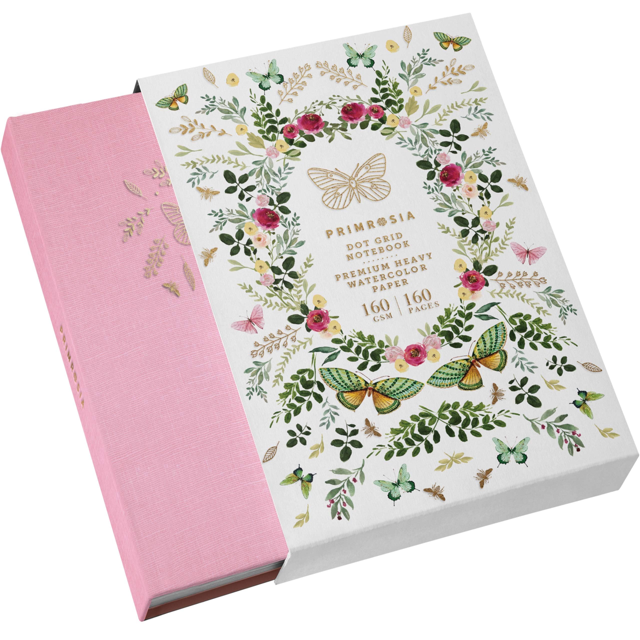 Primrosia Taccuino A5 con griglia a punti ad acquerello, 160 pagine, carta pesante di alta qualità, senza sbavature, copertina rigida in lino di lusso (farfalla rosa)