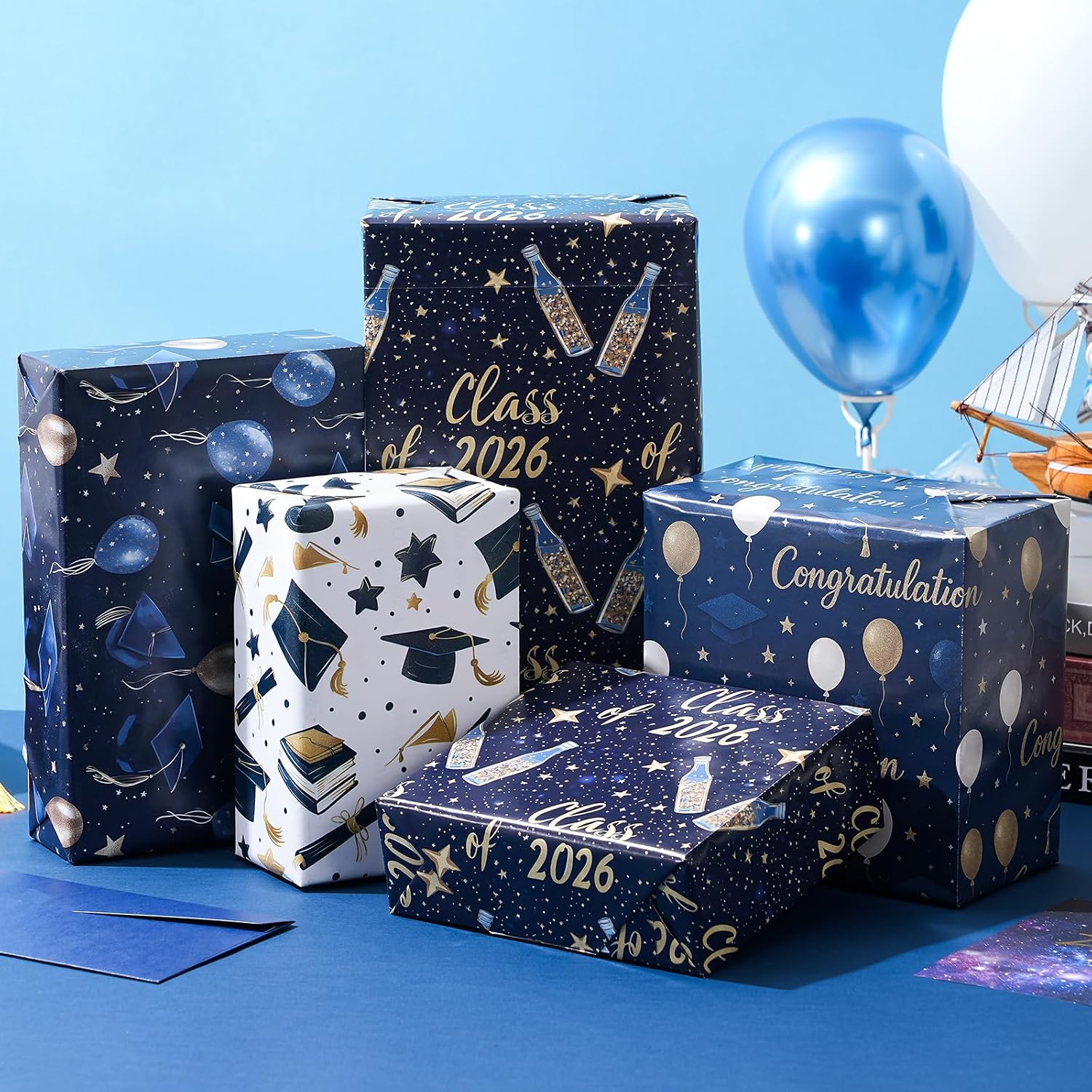 Ulmasinn Graduation Wrapping Paper - 8 Sheets,Class of 2026 Navy & Gold Designs (Grad Caps, Balloons), Foldable 20" x 29" for Graduation Gifts, Parties image 2