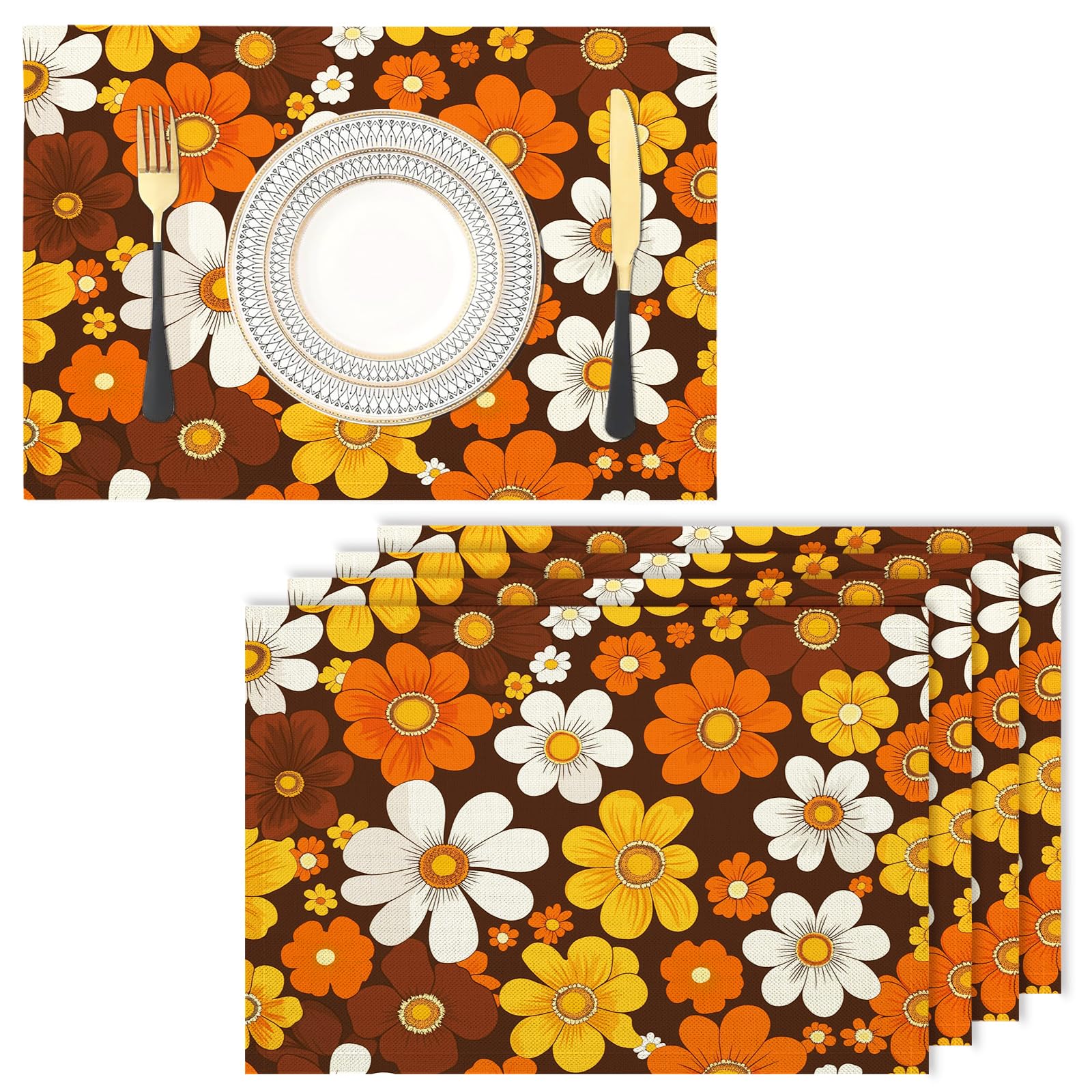 Placemats Washable Set of 6-30 x 45 cm Retro Placemats, flowers Cotton Linen Hemstitch Place Mats for Table, Kitchen, Dining